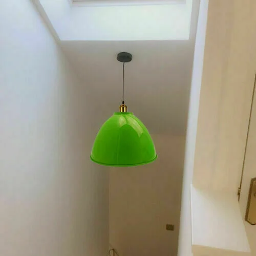 Green ceiling pendant featuring a vintage industrial metal body and green shade, with a suspended 95cm PVC cable
