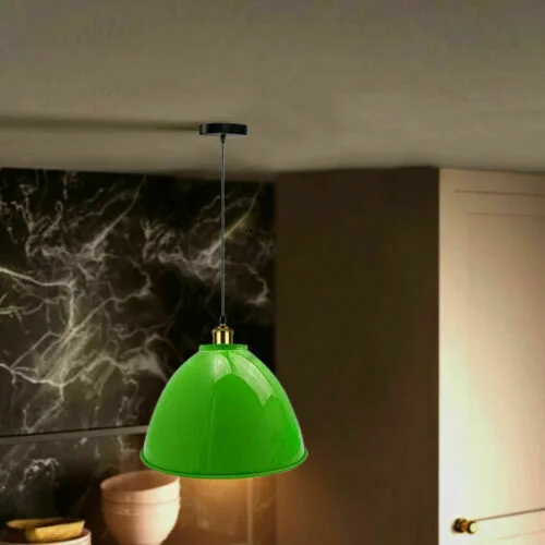 E27 pendant lamp with light green metal and PVC shade, hanging from ceiling, 95cm cable, stylish industrial style.