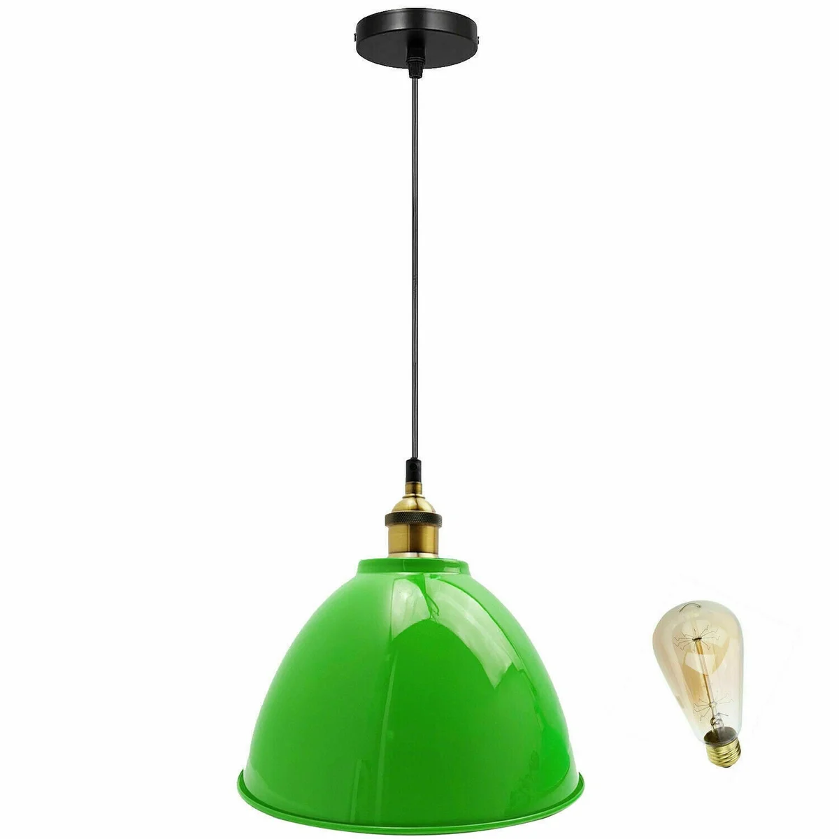 Light green pendant lamp with metal frame and PVC cable, hanging from ceiling – industrial style lighting.