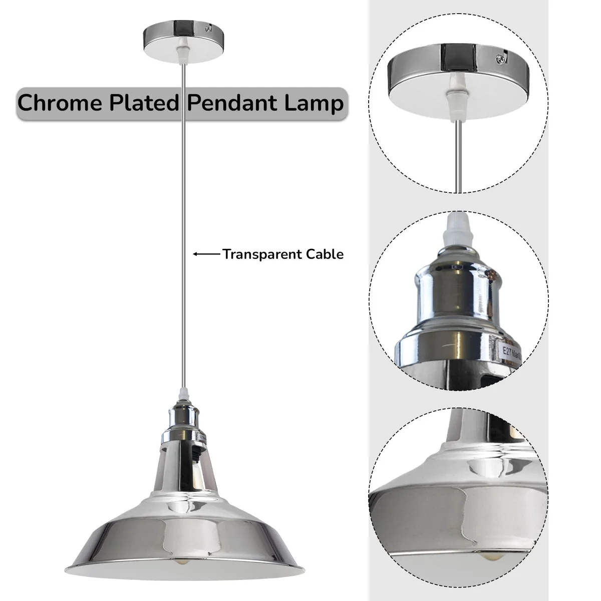 Chrome pendant light with vintage style metal and PVC shade, 30cm diameter, hanging on 95cm cable.