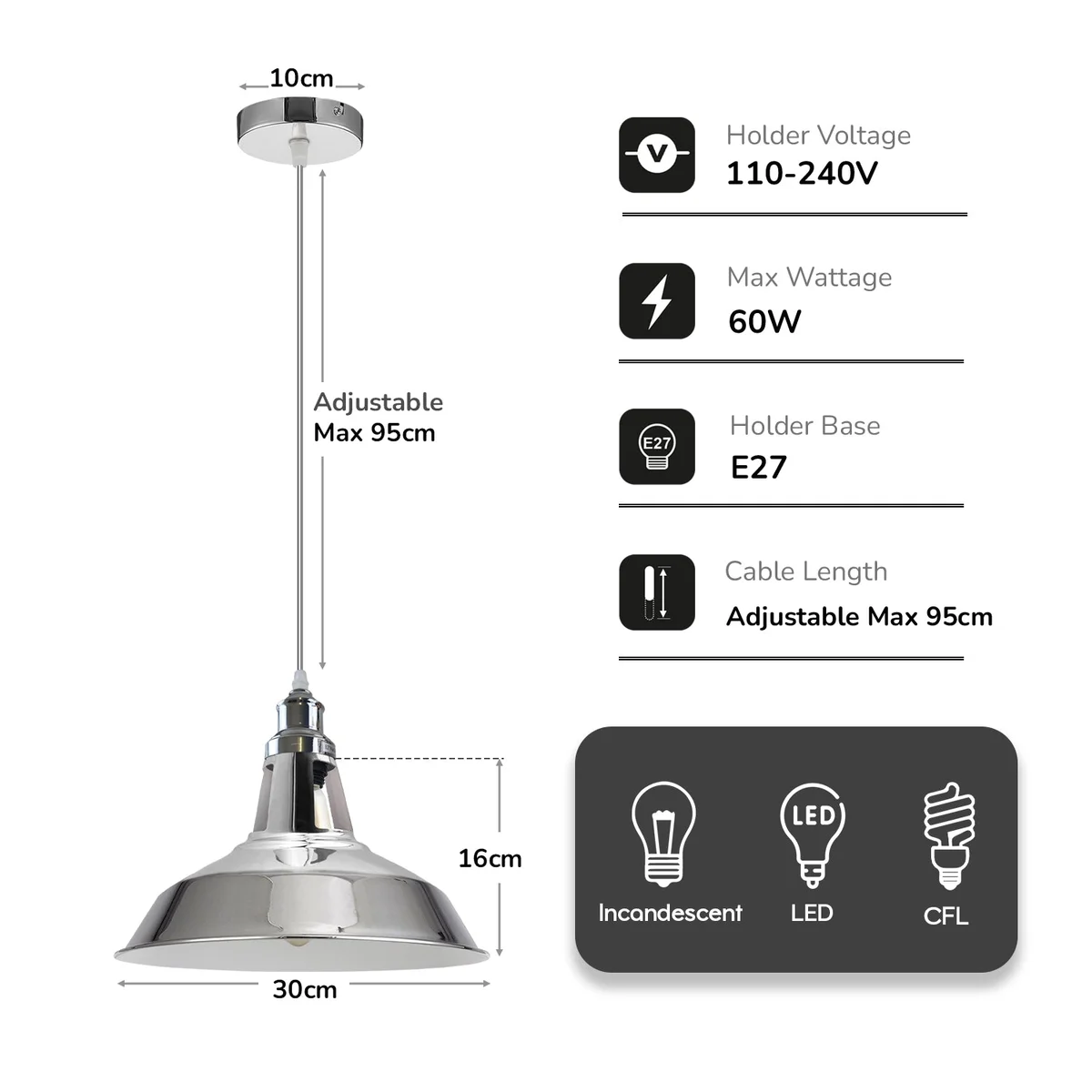 Chrome vintage pendant light, 30cm metal shade, hangs on ceiling, fits E27 bulb