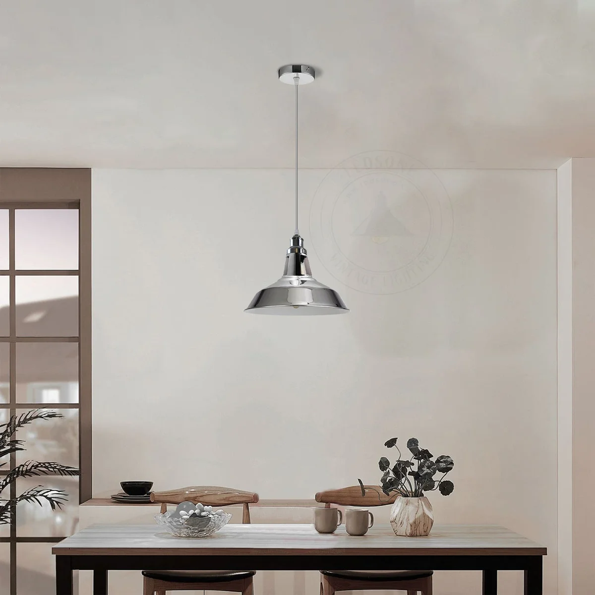 Chrome metal barn slotted pendant lamp with E27 fitting and 30cm diameter shade
