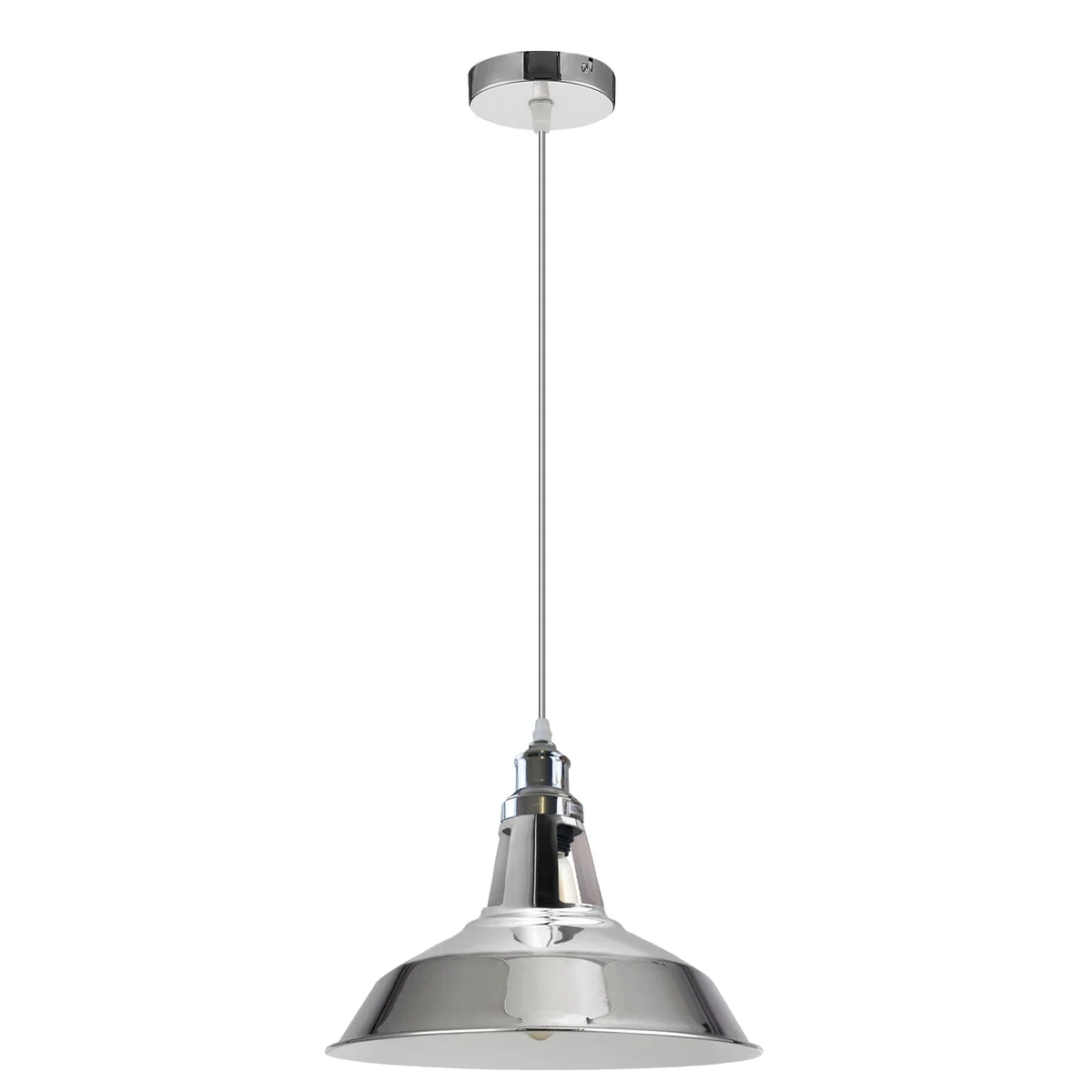 Chrome metal pendant lamp with 30cm wide shade, indoor hanging light, E27 base, vintage style