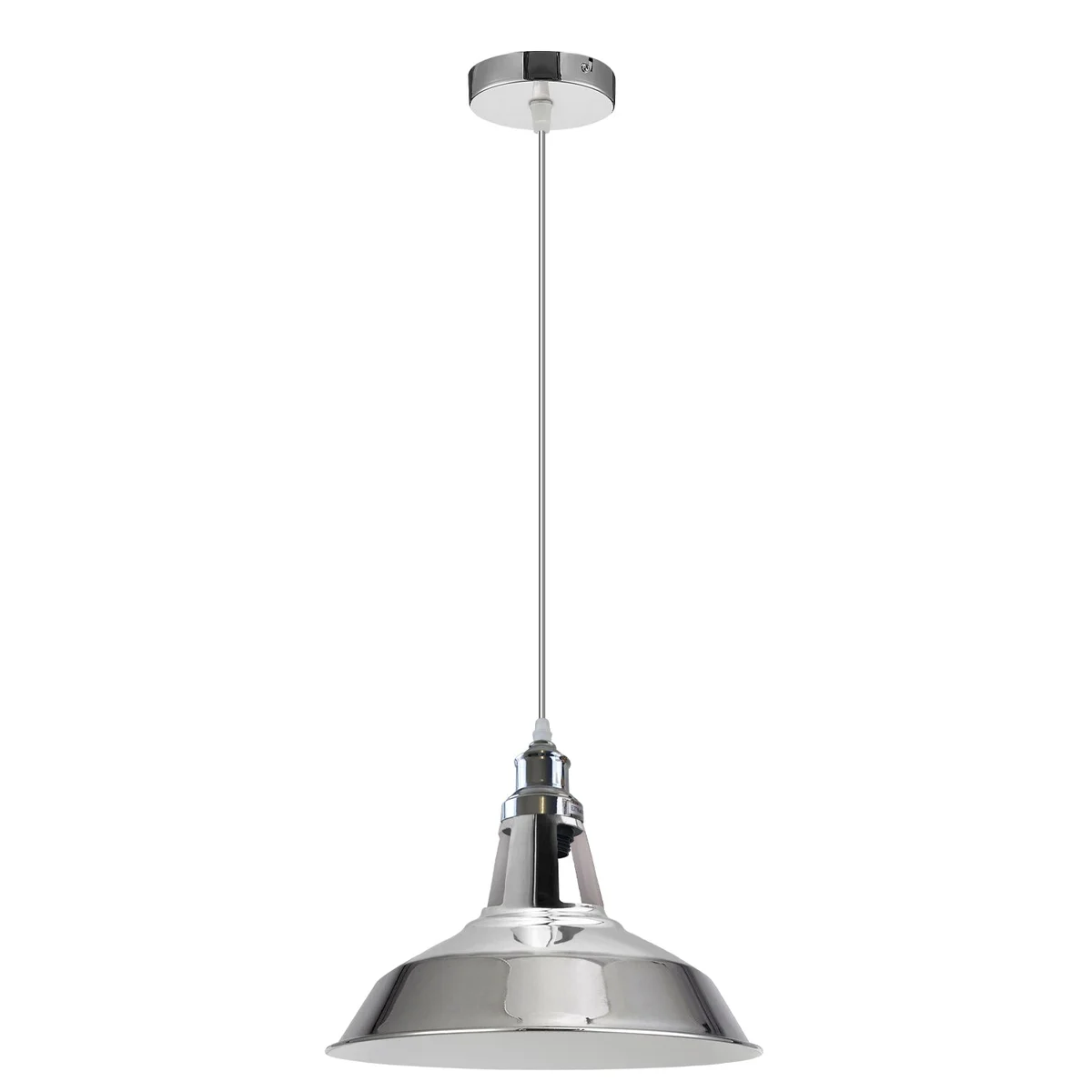 Metal ceiling light with chrome pendant shade 30cm in vintage style, hanging below a centre rod, suitable for indoor use.