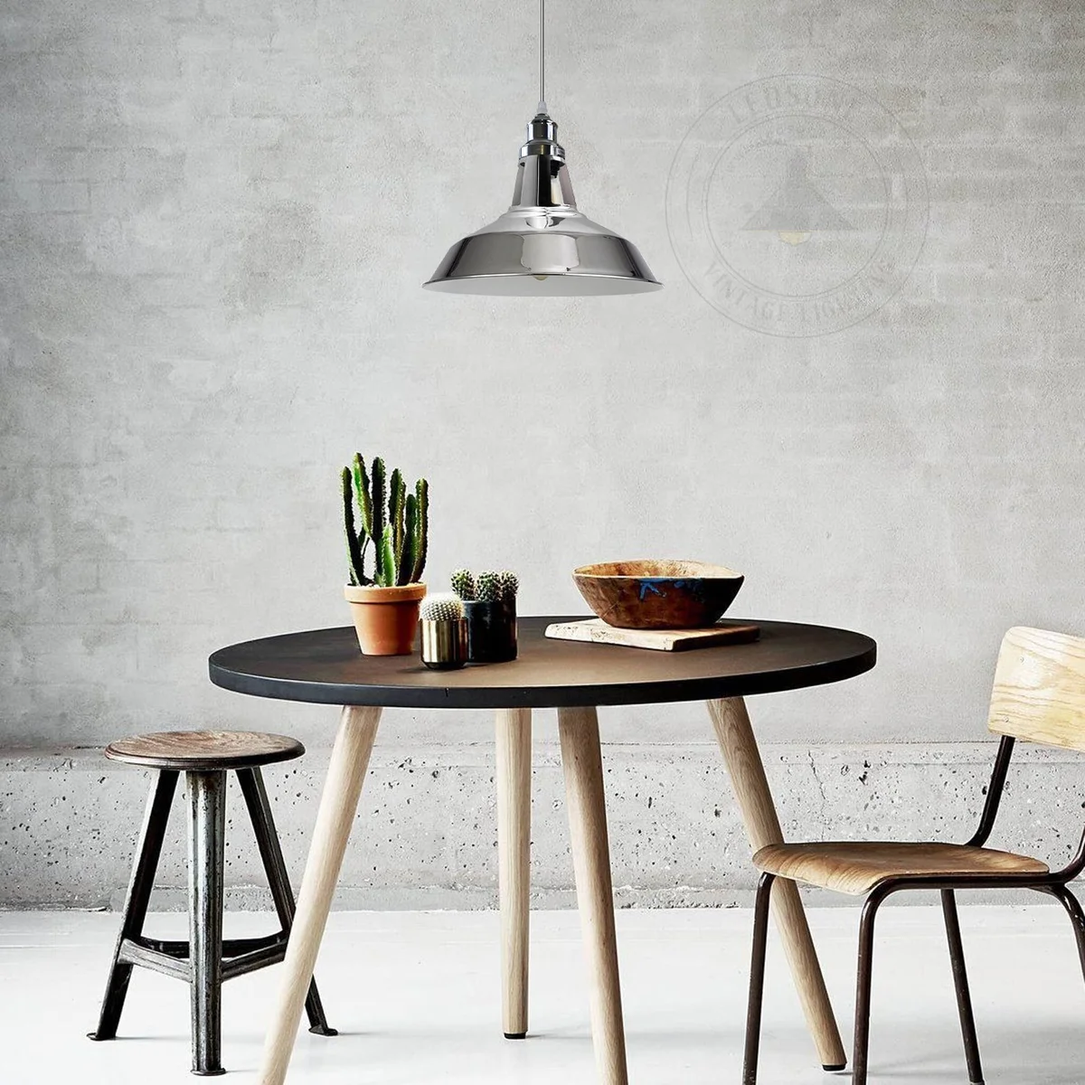 Chrome metal barn slotted dimmable pendant light hanging 30cm shade slotted holder E27 base vintage style