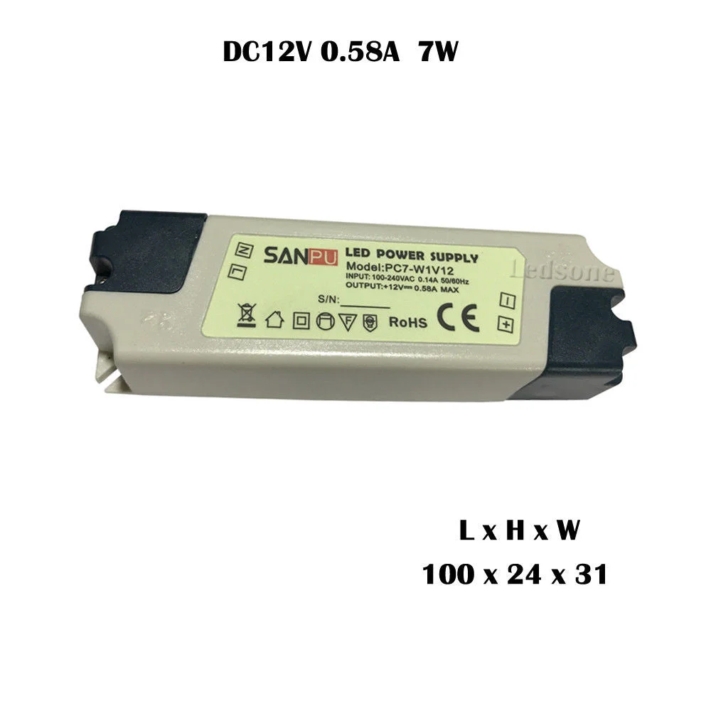 Compact 12V LED driver power supply in plastic case with mounting holes, IP44, suitable for indoor LED lighting