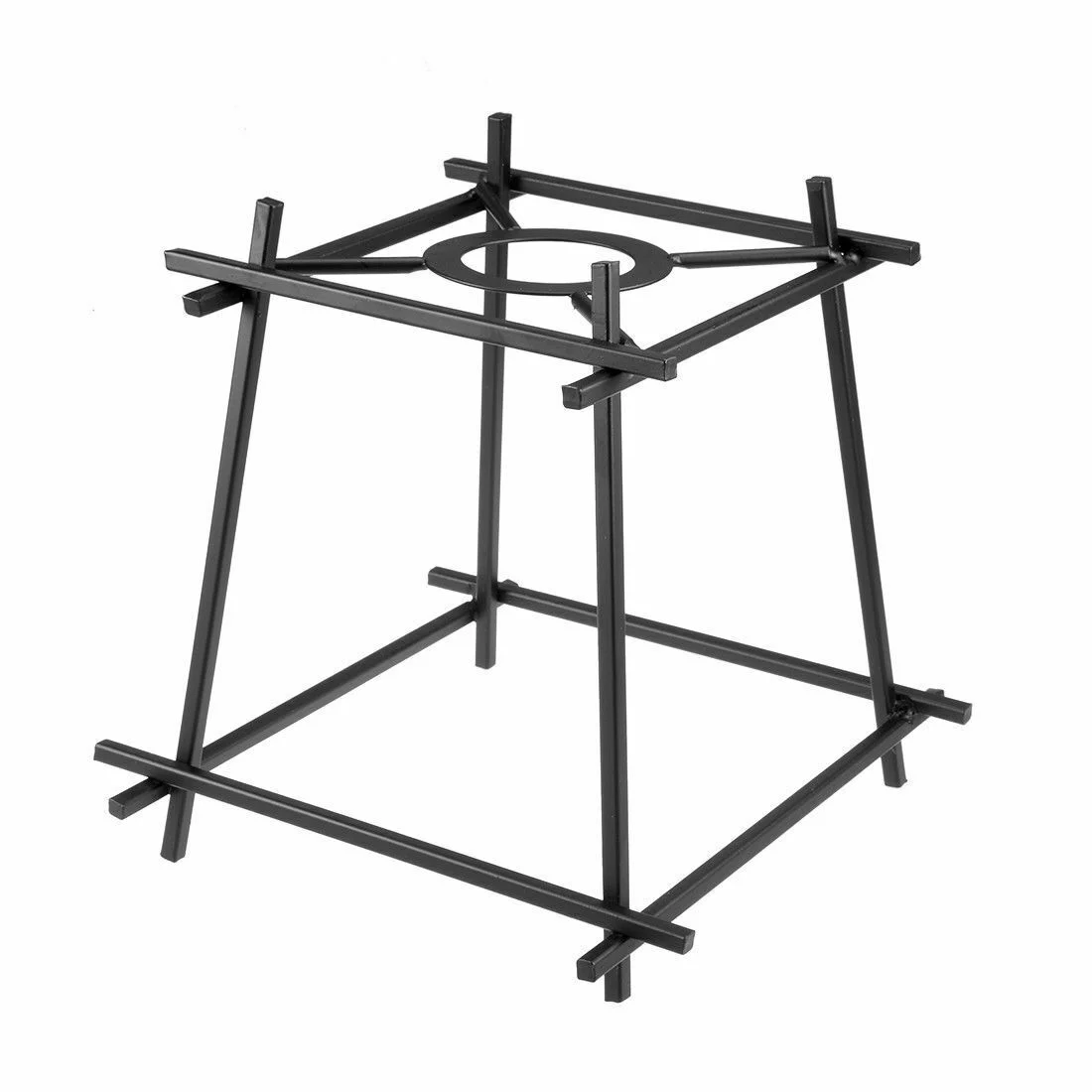 Black metal ceiling lampshade hanging from ceiling, featuring an open square wire cage frame with a sleek industrial look