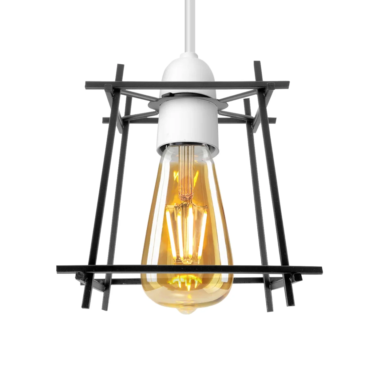 Black square metal wire cage ceiling E27 lamp holder lampshade, light‑weight industrial design, no wiring needed.