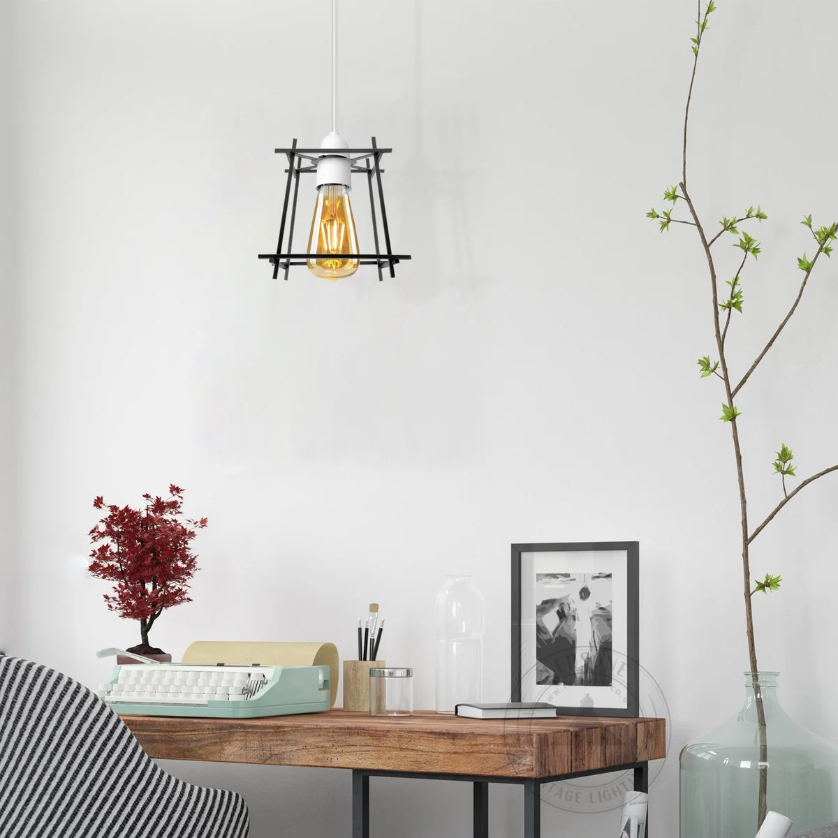 Black metal ceiling lampshade with open square wire frame and reducer plate attached to ceiling