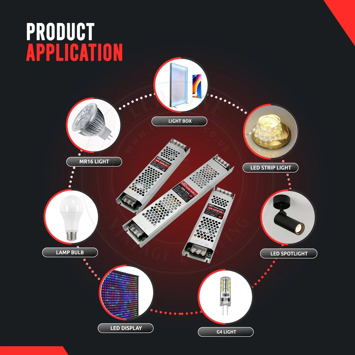 240V to 12V transformer, slim LED driver in black housing, 300mm × 54mm × 20mm compact design.
