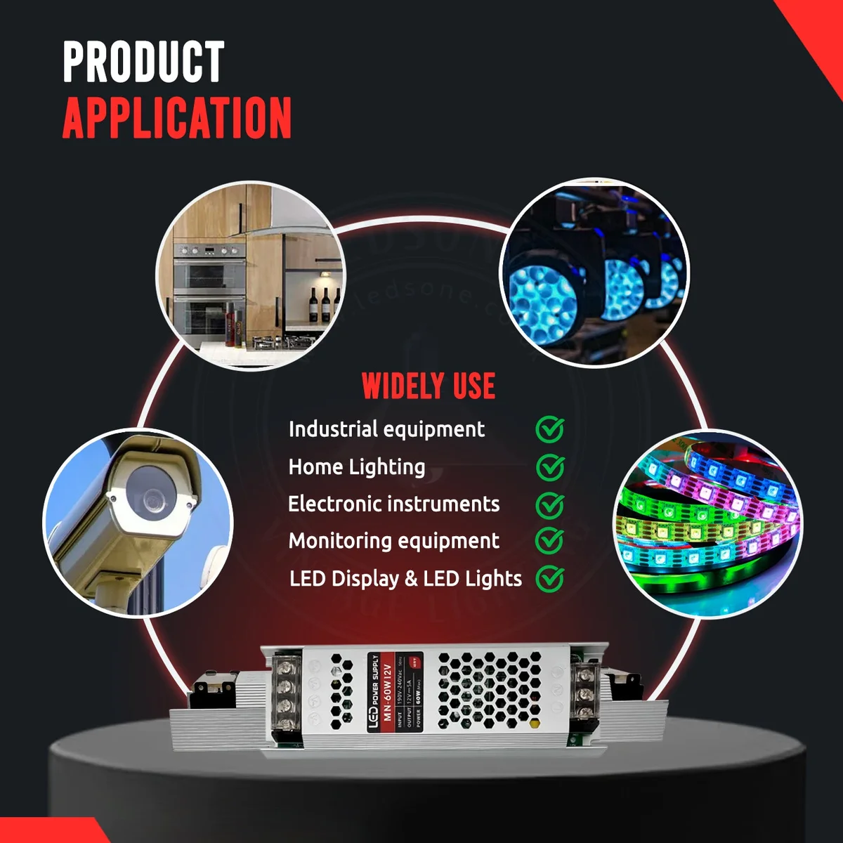 Compact black IP20 LED power supply unit with small size dimensions, 12V DC output, 300W capacity, sleek transformer