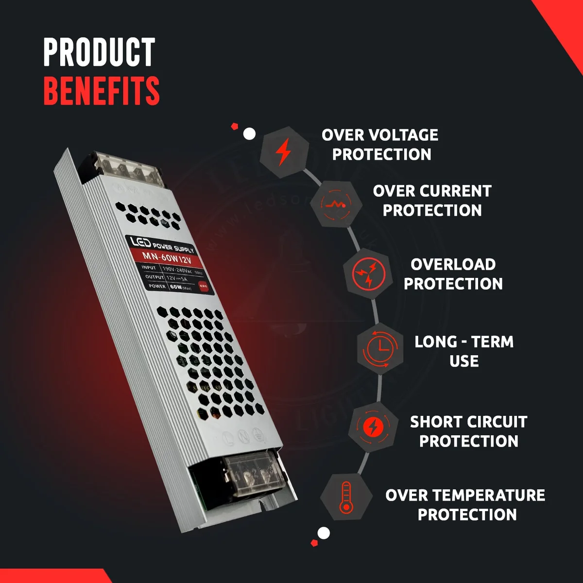 Black 12V LED driver power supply with 240V to 12V transformer, 300W, IP20 enclosure, 300x54x20 mm.
