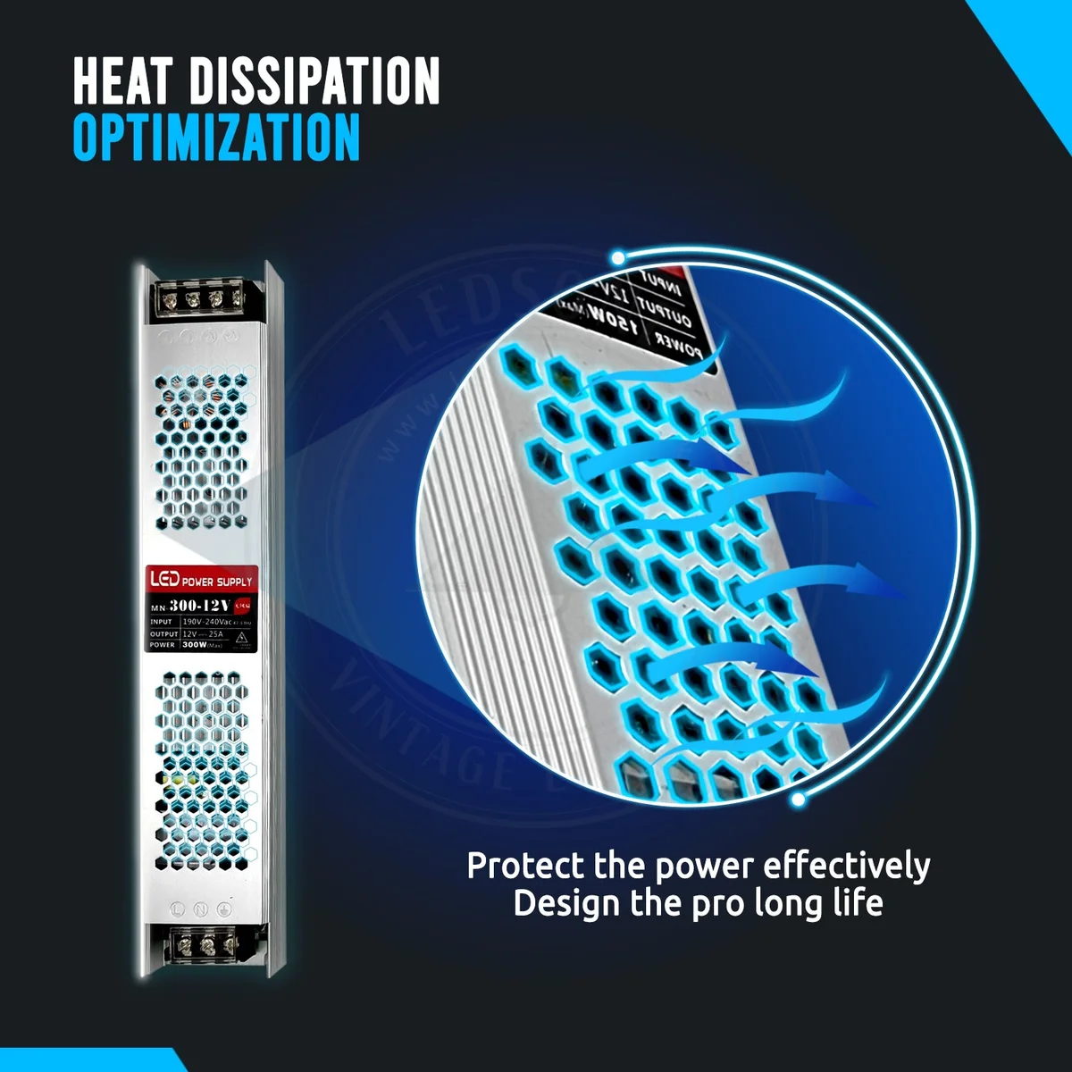 Ultra‑slim 12V LED driver power supply, 300 W transformer, compact design with blue LED indicator.
