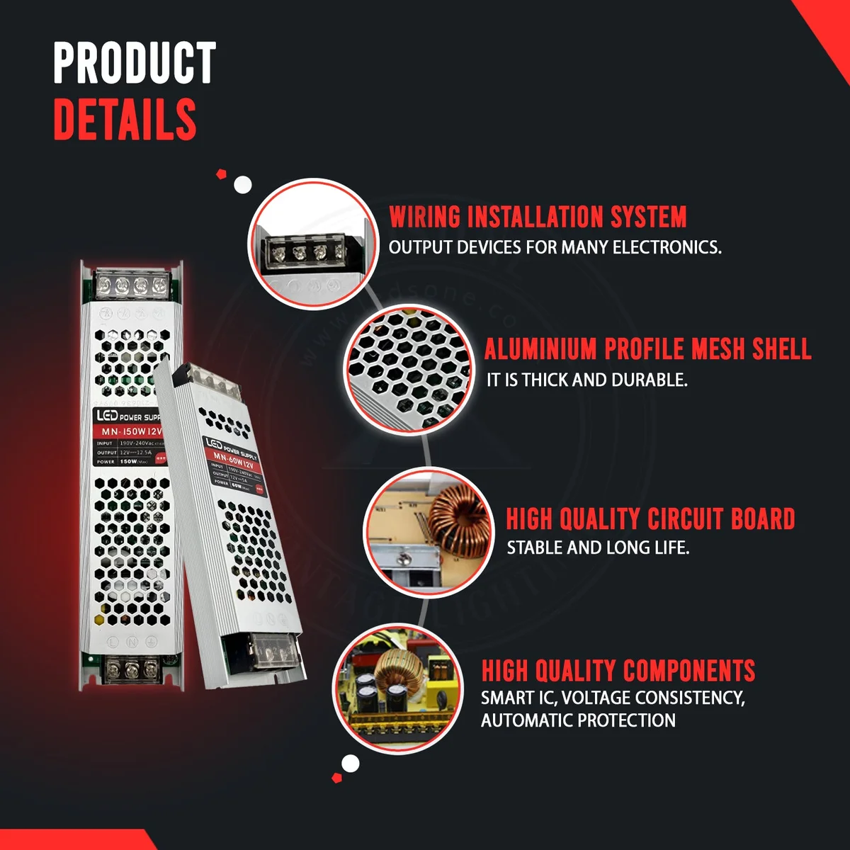Compact dark grey 12V LED driver power supply, labeled 300W/240V, with cables plugged into small connectors on white backdrop.