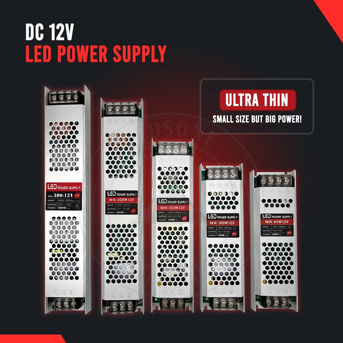 12V LED driver power supply – ultra‑slim 300 W transformer, 240 V input, 300×54×20 mm, clipped in a white plastic case.