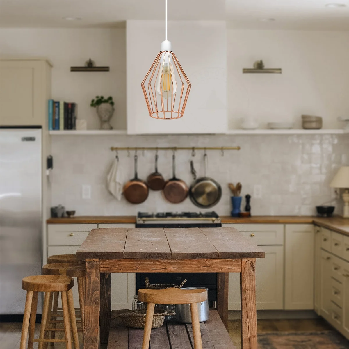 Square‑shaped metal diamond cage pendant light in rose gold, hanging from ceiling, industrial pendant light