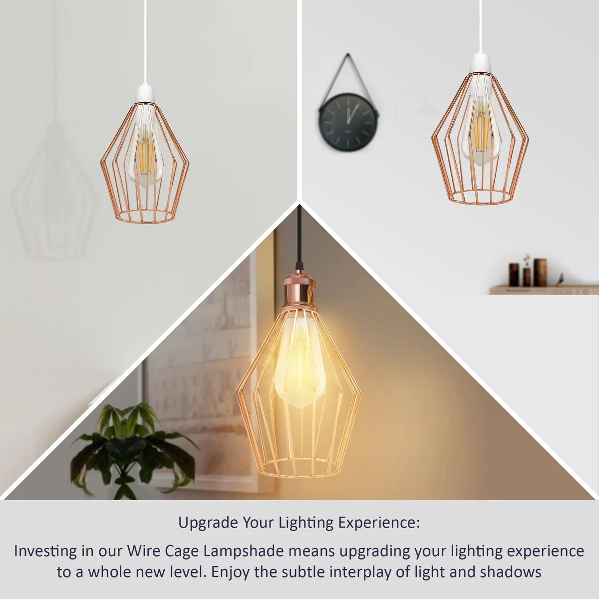 Diamond-shaped indoor metal lamp shade with brushed metal wire cage in rose gold.