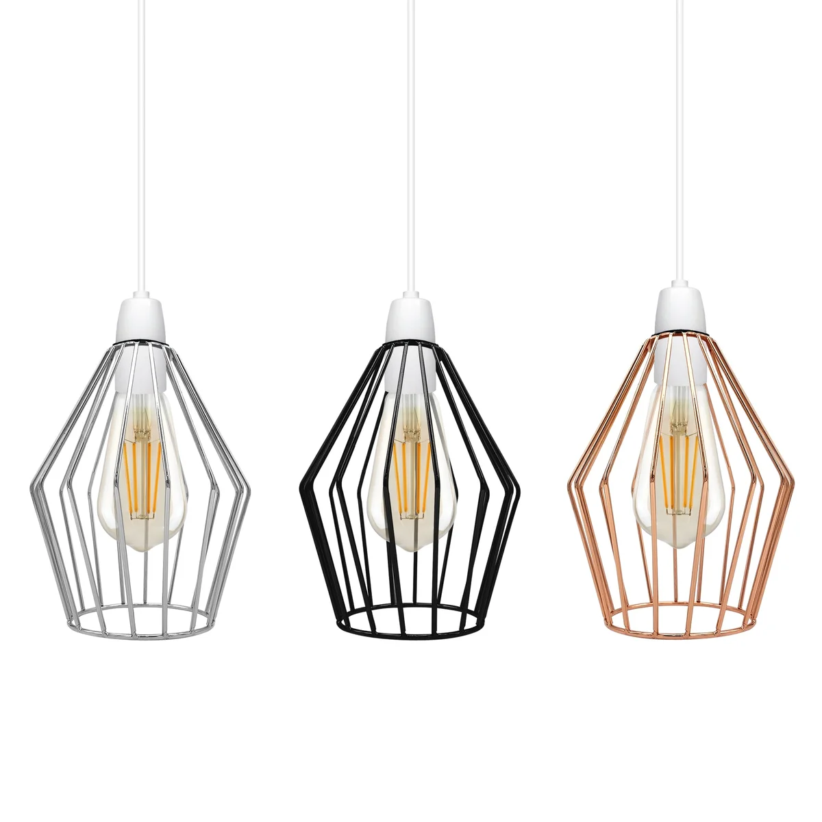 Diamond cage pendant lamp in rose gold, chrome, or black, featuring a lightweight vintage wire cage design.