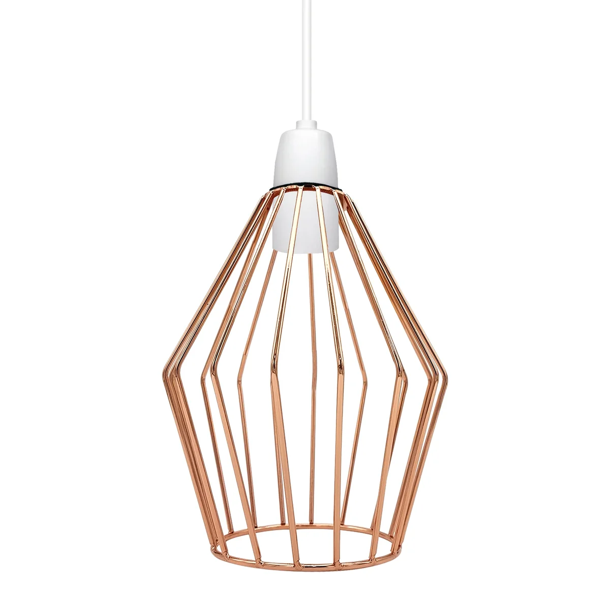 Diamond cage pendant lamp: metal wire screen with diamond‑shaped cage, brushed metal finish, rose gold, hanging from ceiling