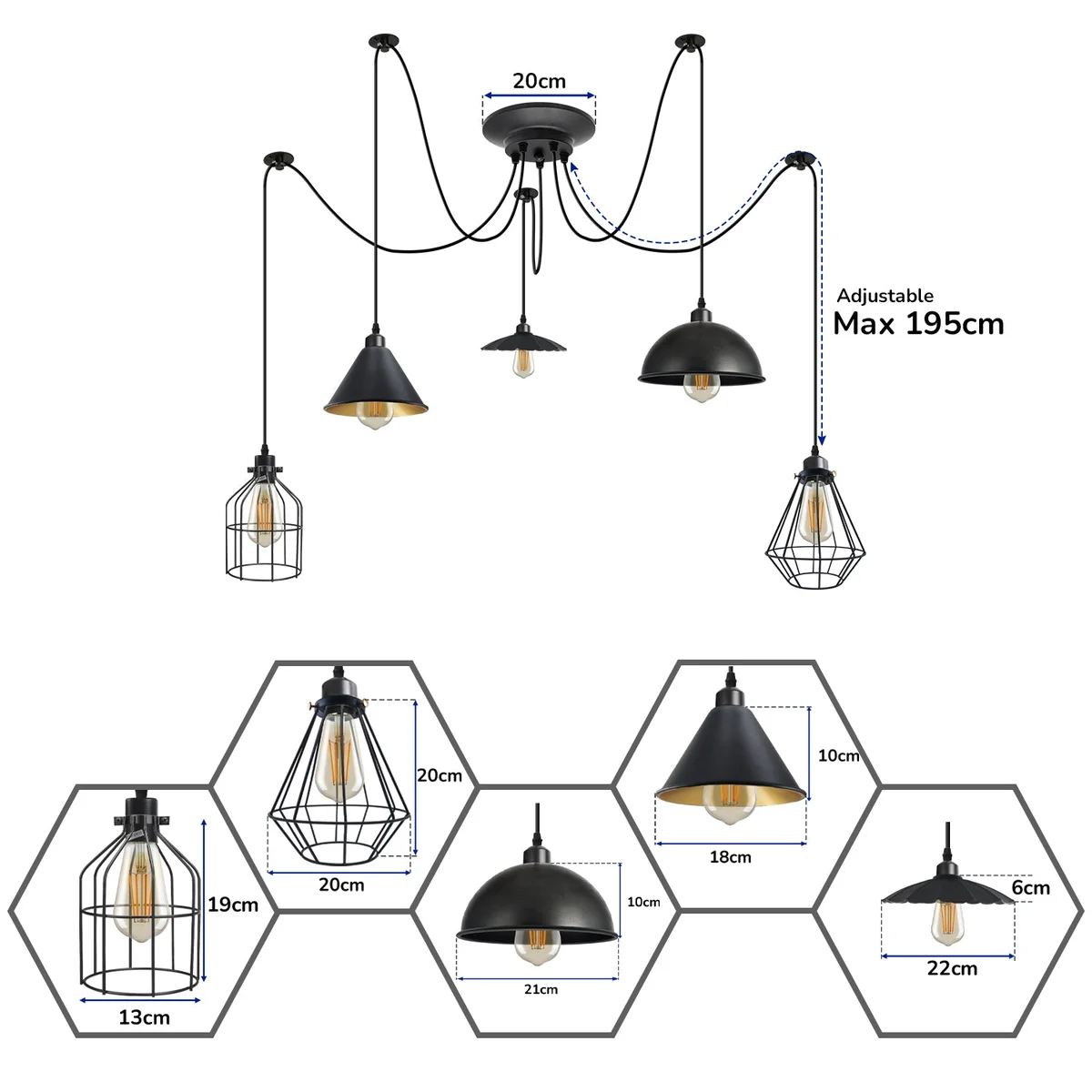 Industrial spider pendant with five metal arms, each bearing a dome, cone, umbrella, or wire cage shade, matte black finish.