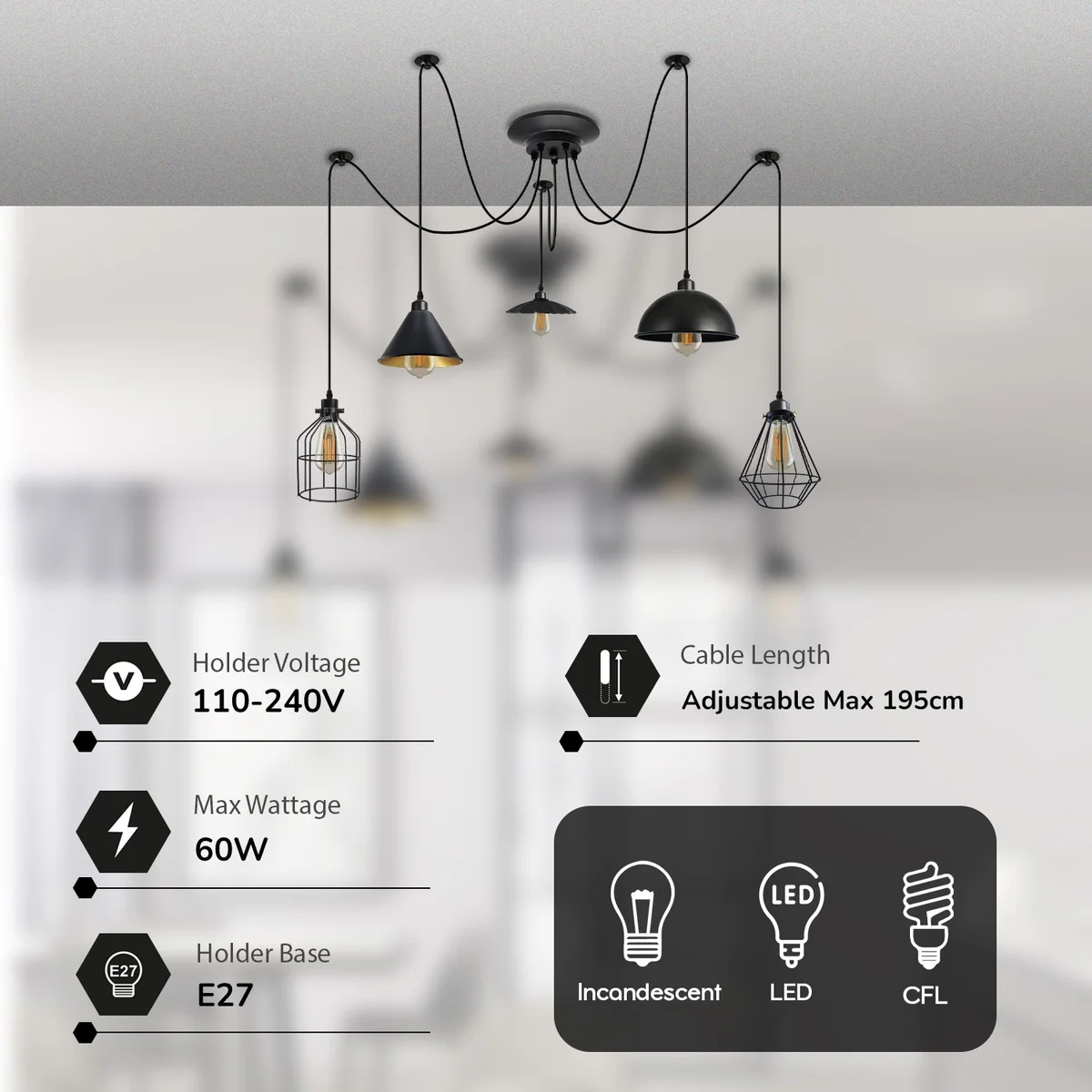 Adjustable ceiling chandelier with five matte black metal arms, featuring dome, cone, umbrella and wire cage shades.