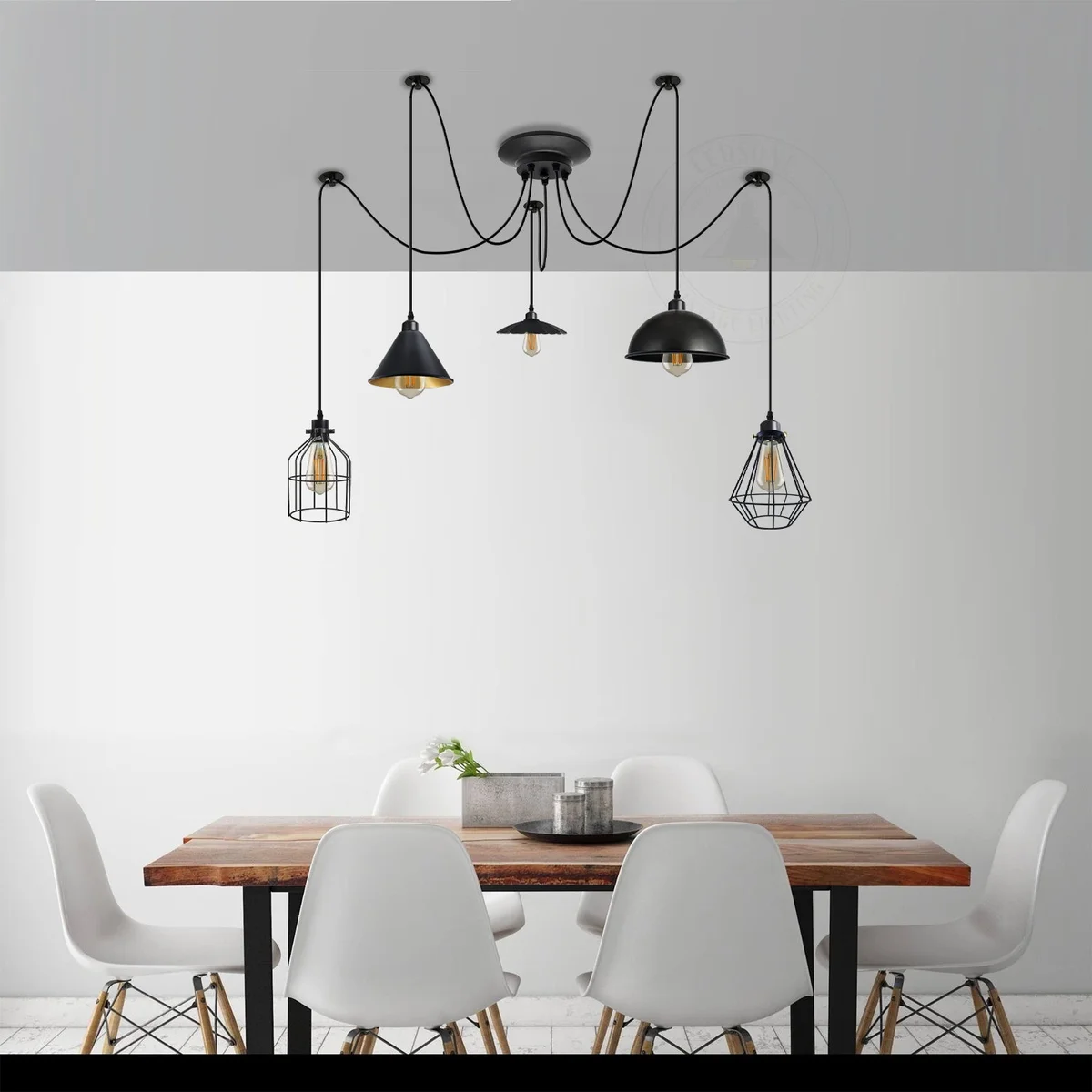 Five-arm industrial pendant with matte black metal shades and adjustable cords – metal shade ceiling light.
