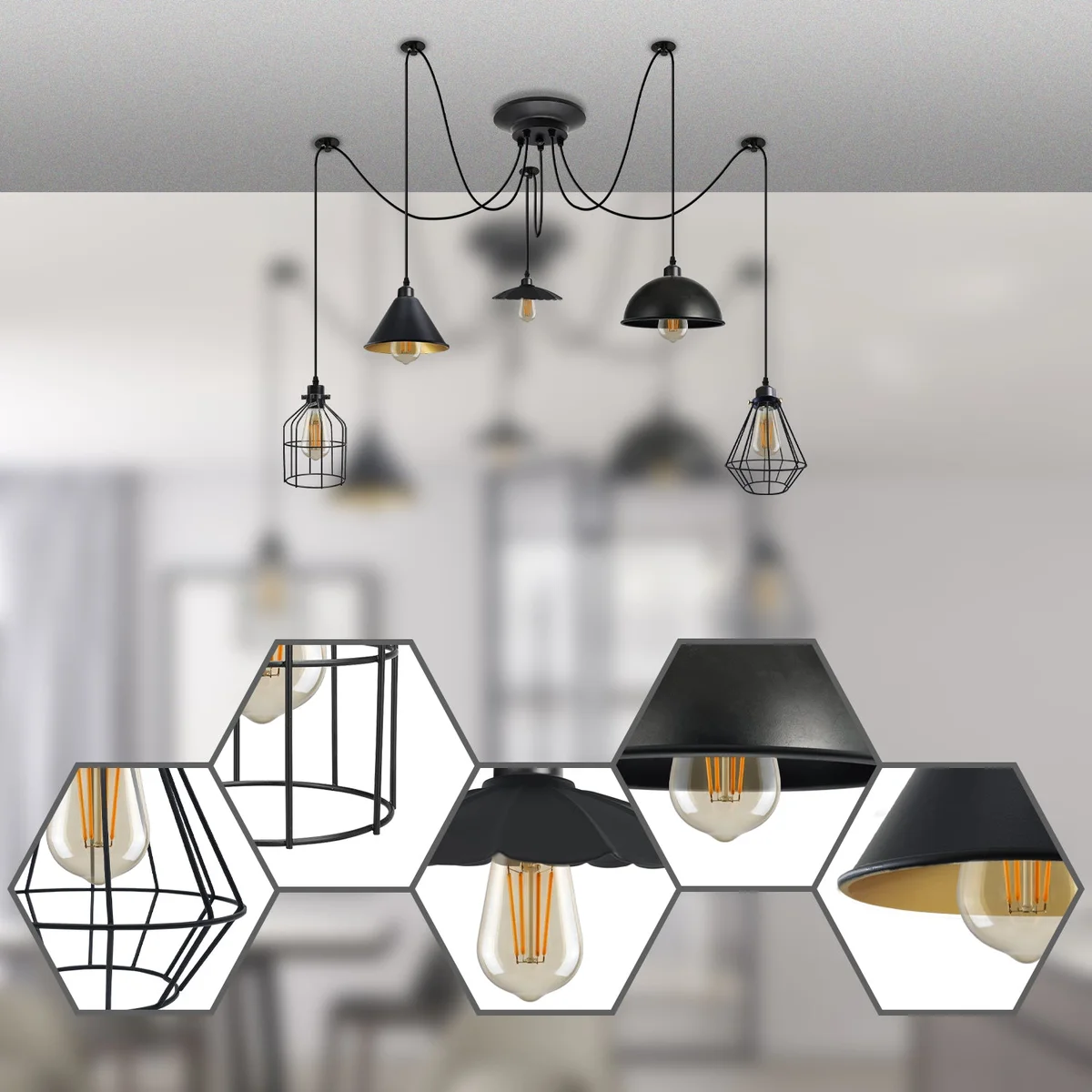 5‑arm vintage style pendant with black metal shades – umbrella, wire cages – adjustable cables for ceiling chandelier.