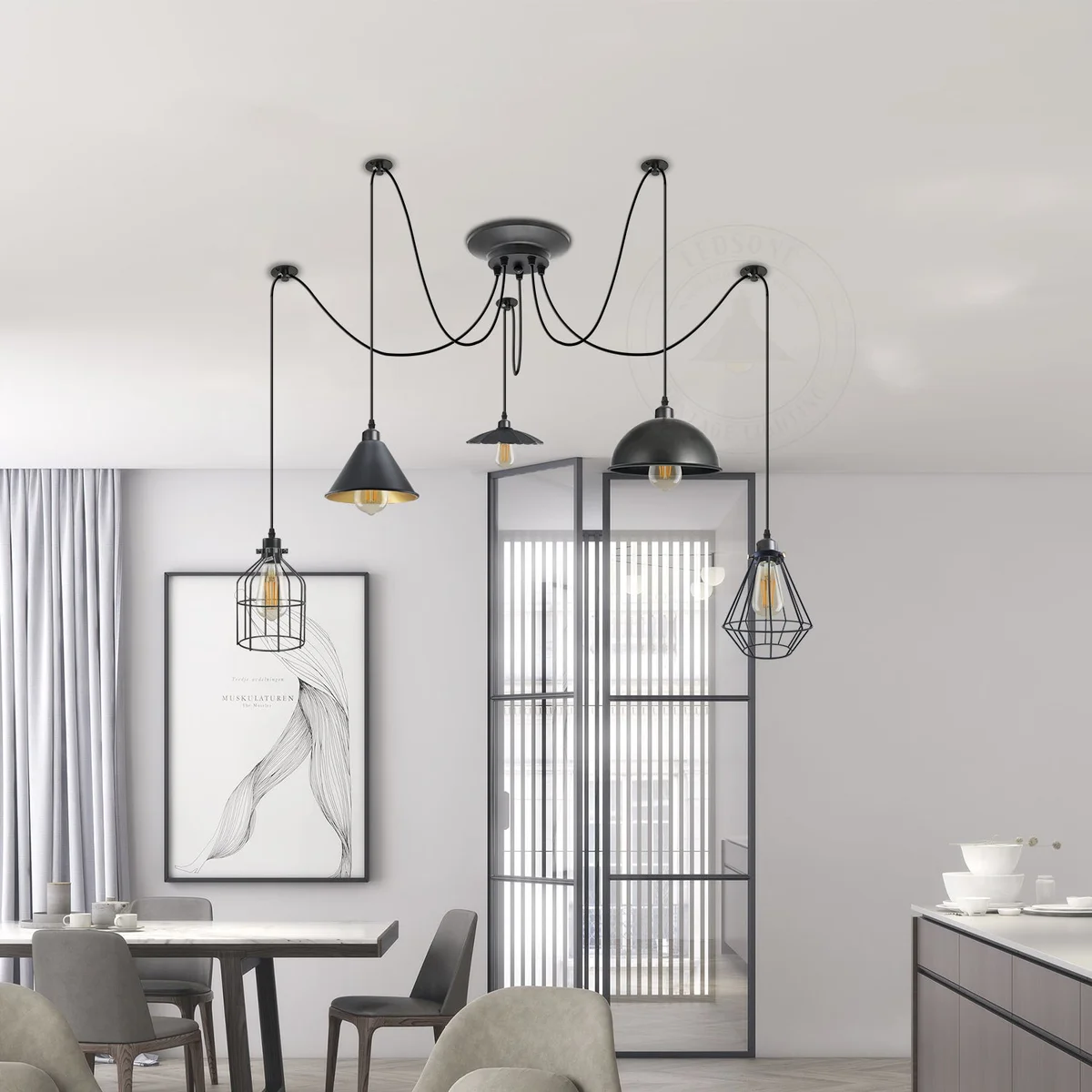 Multi arm ceiling light featuring five metal shades – dome, cone, umbrella and wire cages – in matte black.