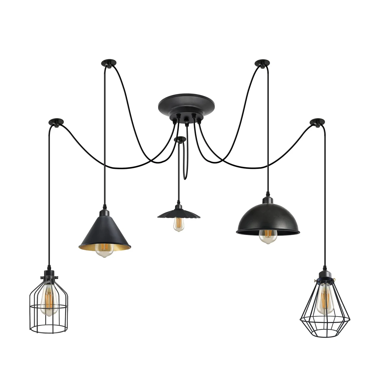 5 light ceiling light with adjustable shades – matte black spider pendant featuring dome, cone, umbrella and wire cage designs