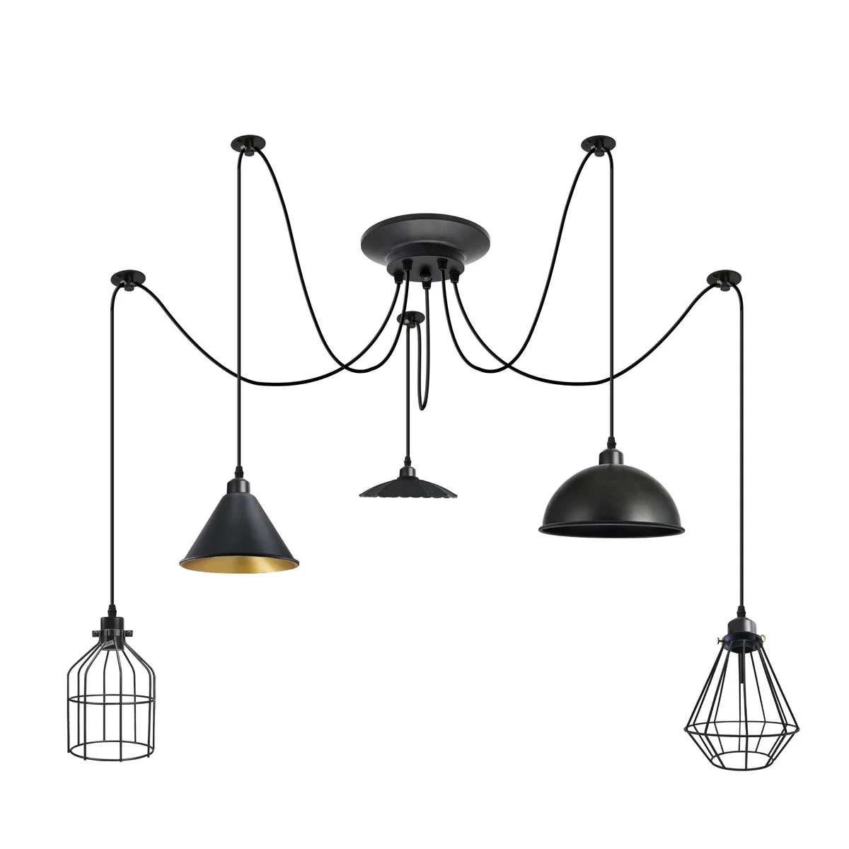 5 light ceiling light spider chandelier with matte black metal shades: dome, cone, umbrella, wire cages; adjustable arms