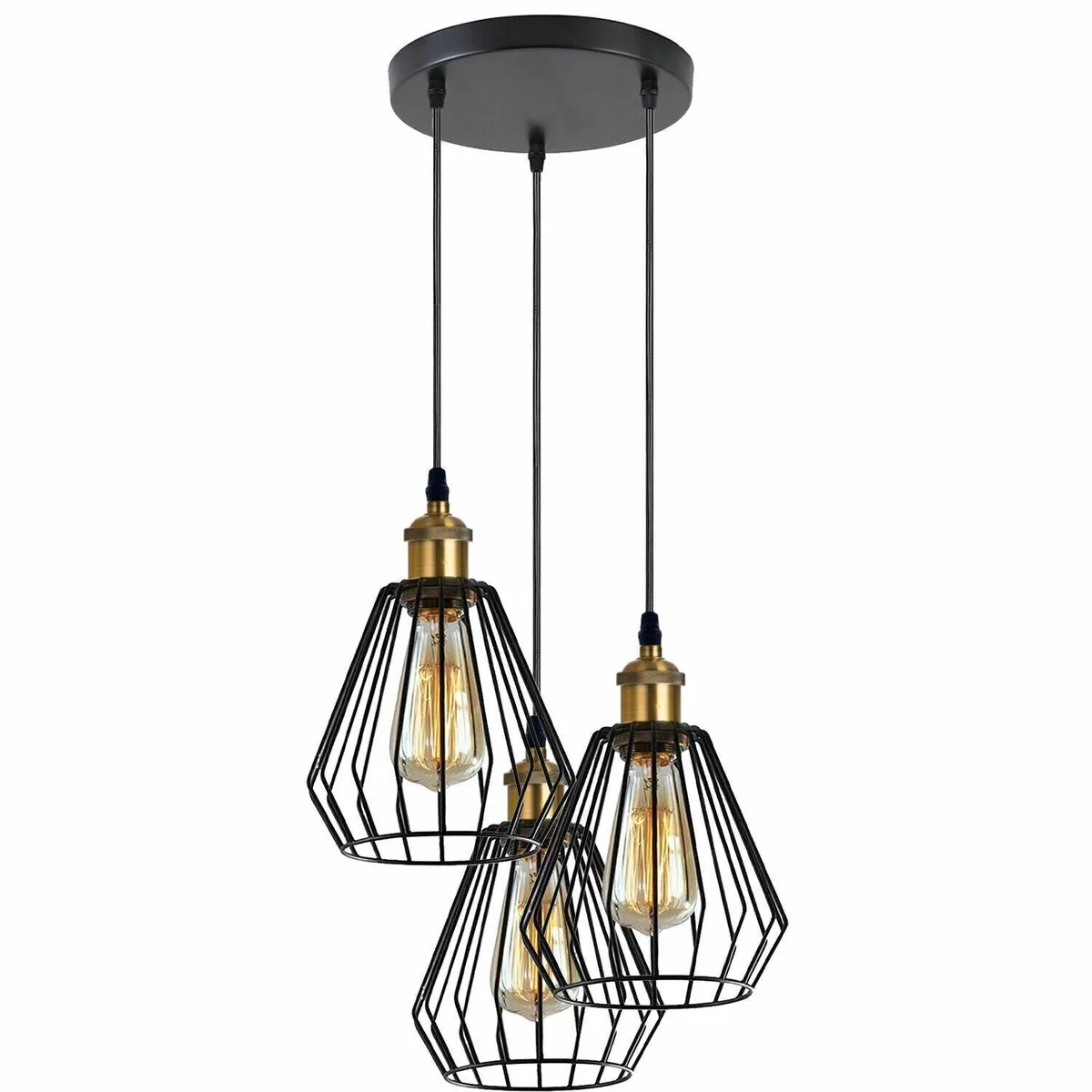 Modern vintage industrial pendant light with metal cage, 20cm square shade, adjustable 95cm cord, dimmable E27 socket