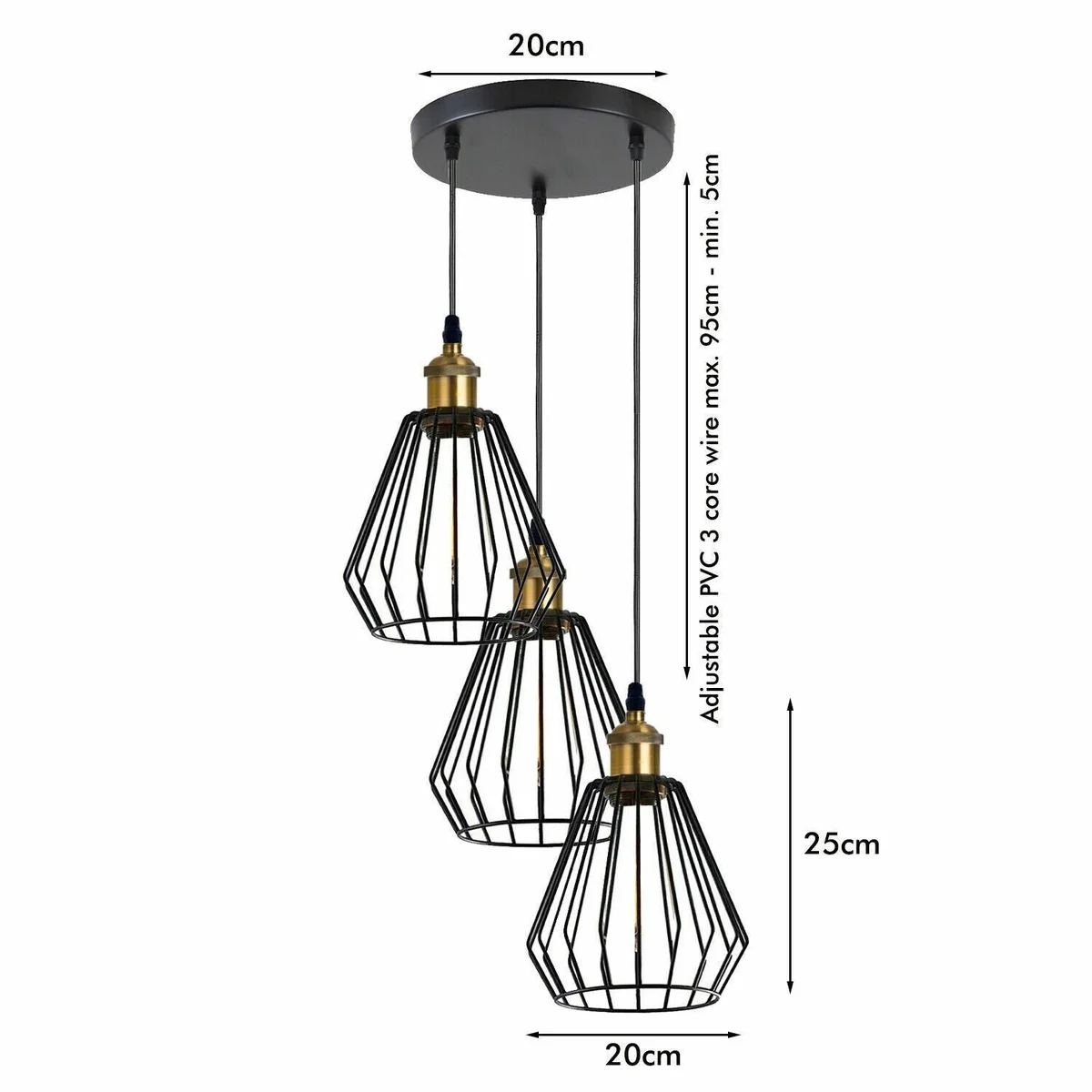 Vintage metal cage ceiling lamp with adjustable 20cm shade, dimmable E27 base, CE approved.