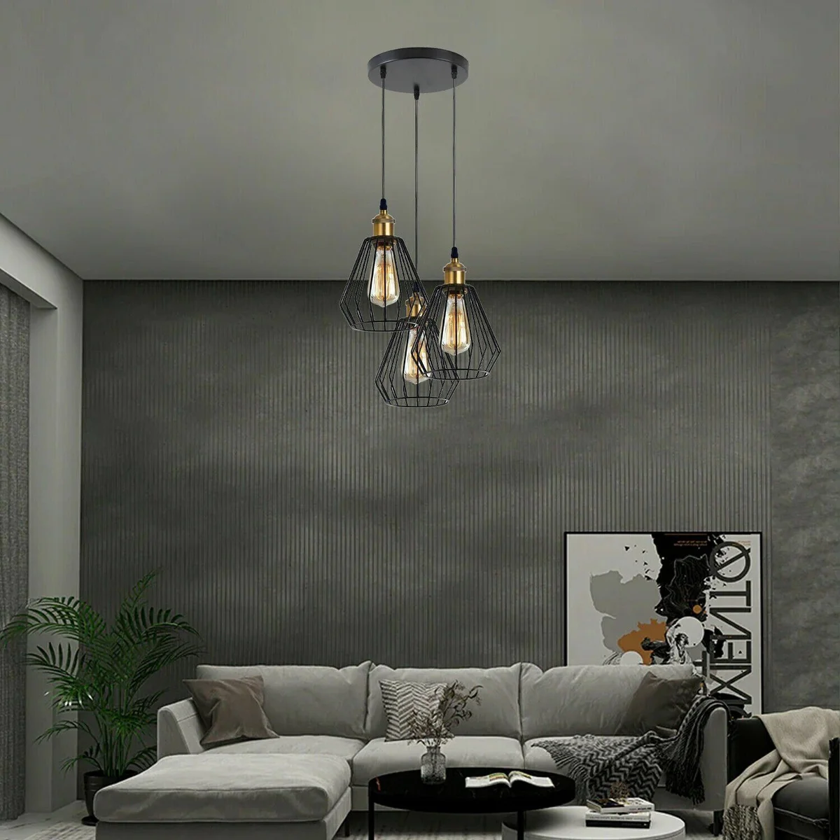 Dimmable vintage pendant light with metal cage, 20 cm shade, adjustable cable, suitable for AC110V‑240V ceiling.