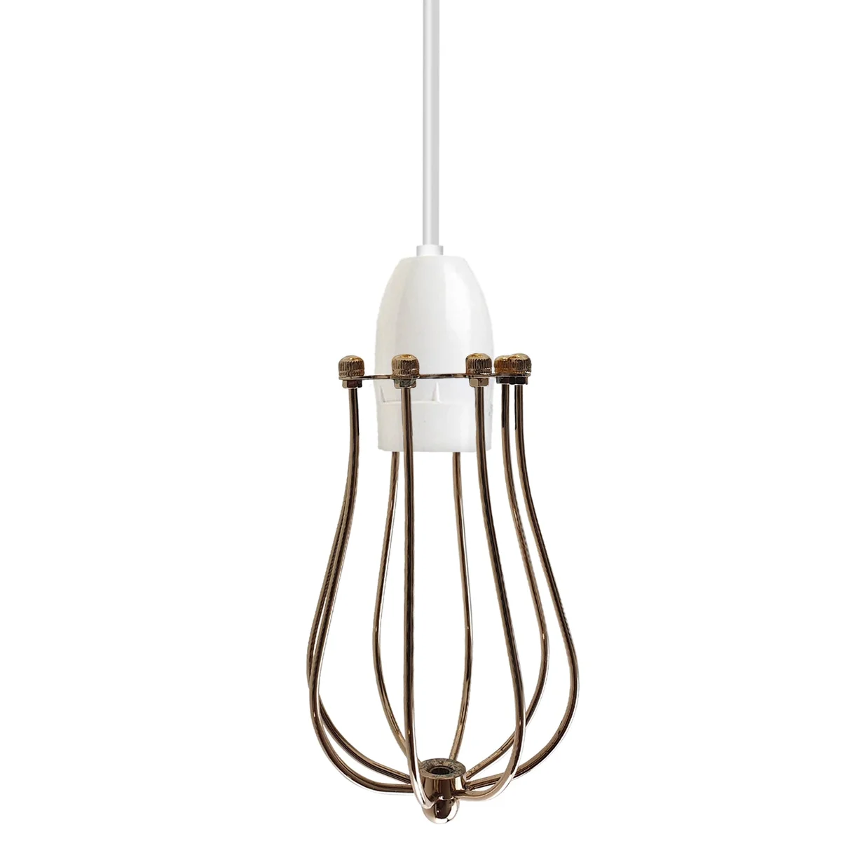 Gold balloon-shaped metal wall lamp hangs from ceiling, vintage industrial cage shade in gold finish.