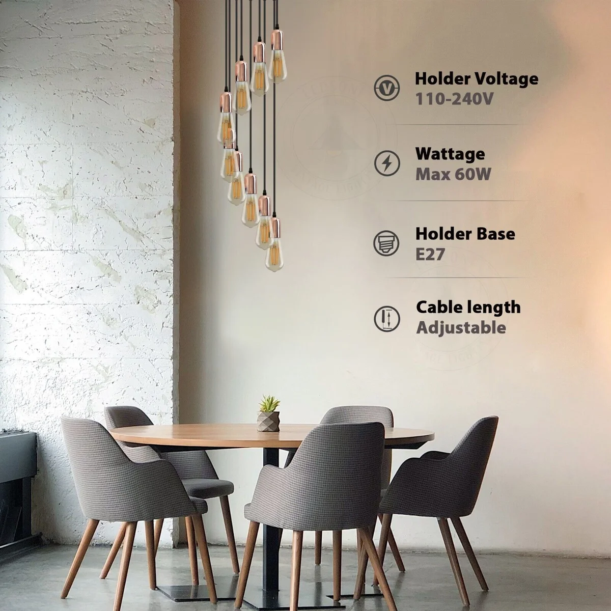 Metal round E27 ceiling light with adjustable cable, hanging from ceiling, vintage industrial style.