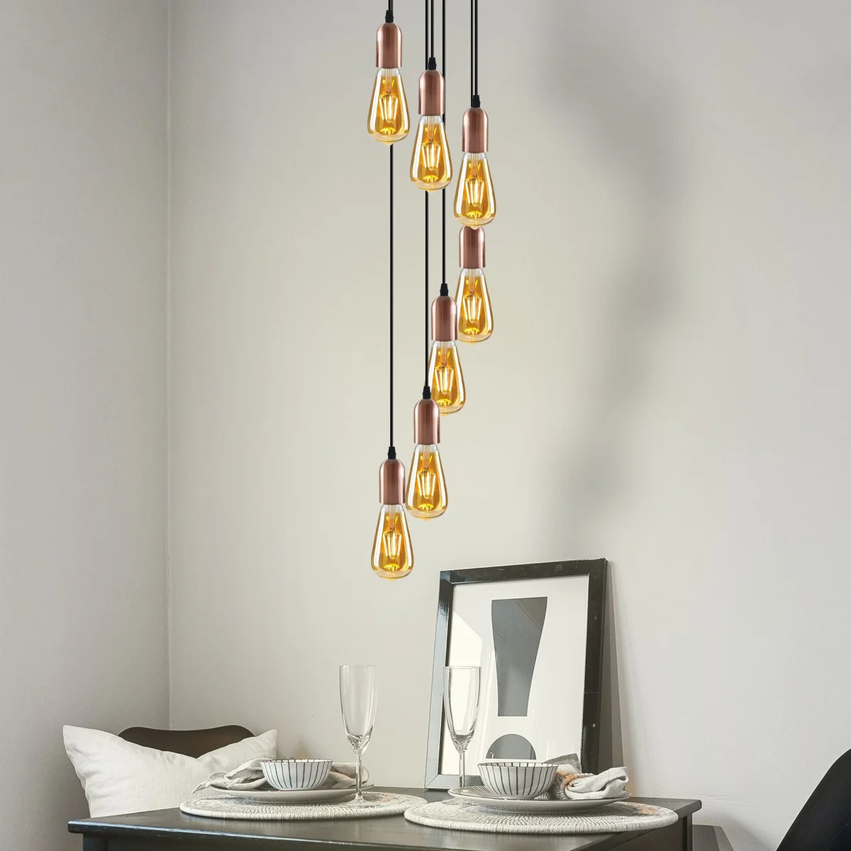 Vintage pendant light with metal round rose, single E27 holder, 95cm adjustable cable, soft ambient glow.