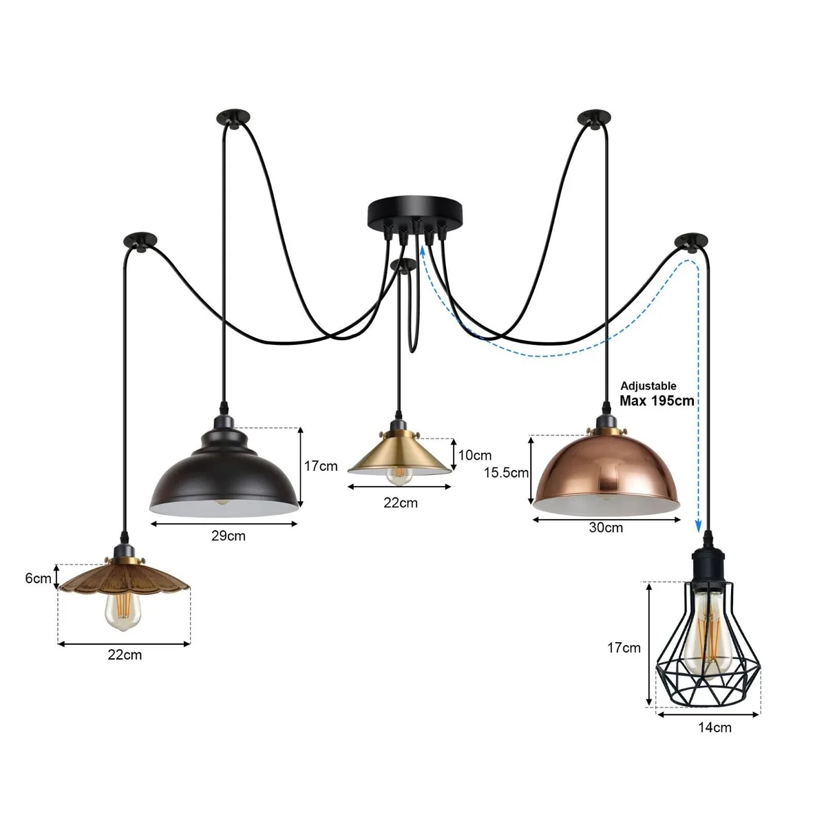 5 bulb chandelier with mismatched fan‑shaped metal shades, central metal rose, adjustable 2‑meter cables, black finish.