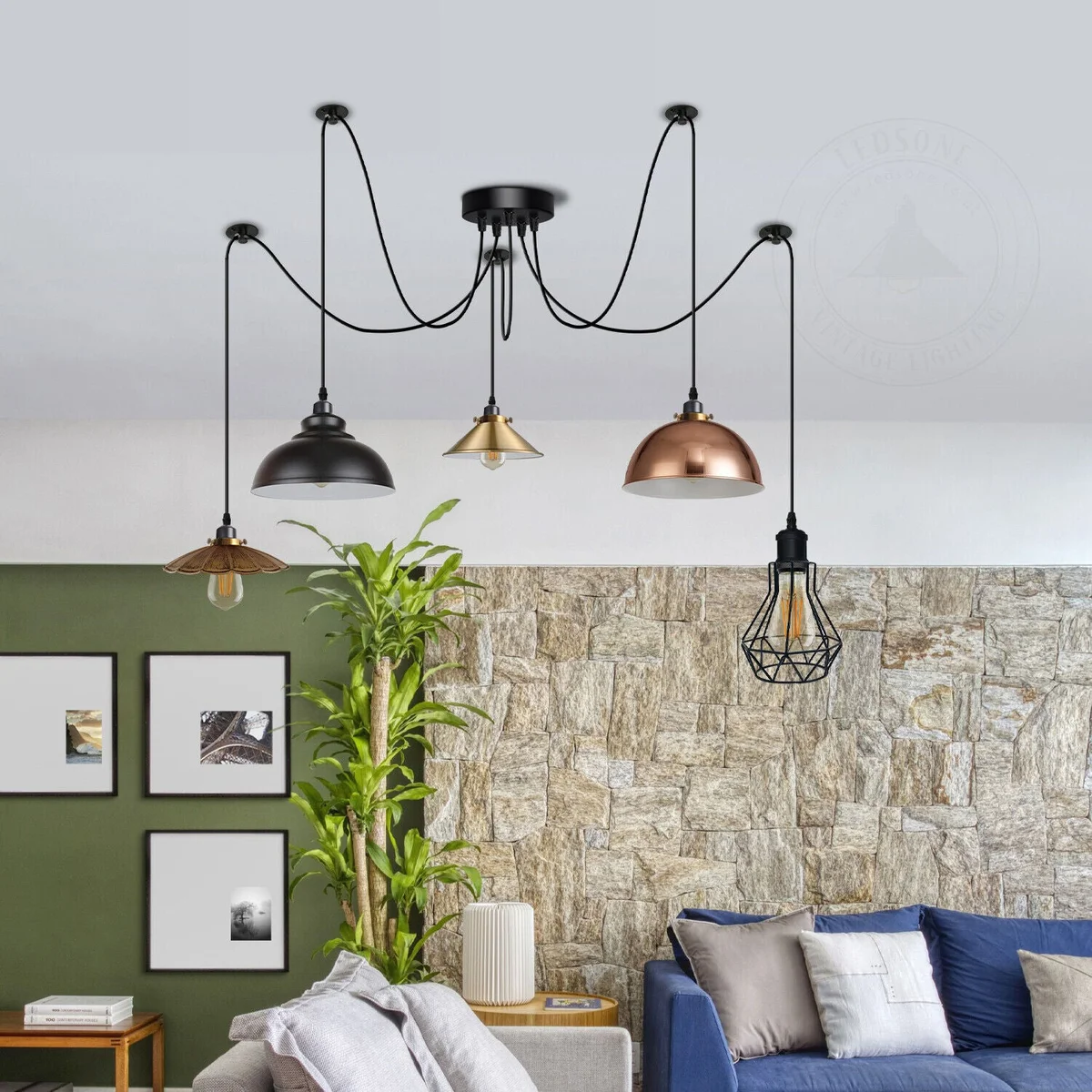 Five‑bulb vintage style pendant with mixed metal shades draped from a central ceiling rose, showcasing a modern industrial design.