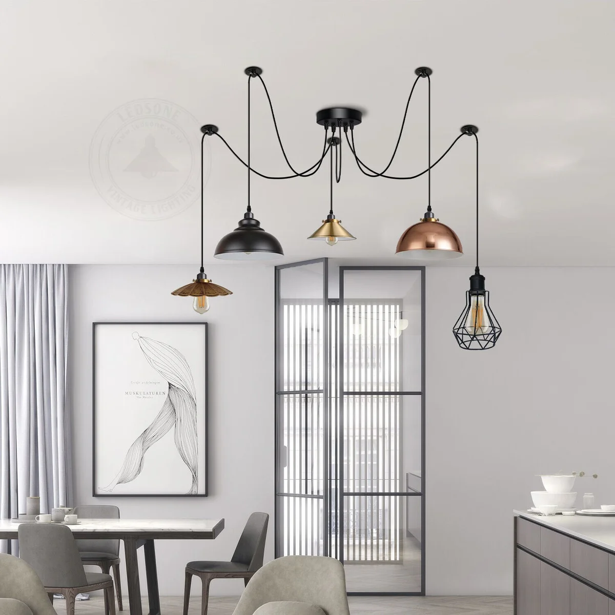 Metal spider pendant with five hanging lamps, each with a different metal shade (curvy, dome, cone, umbrella, cage).