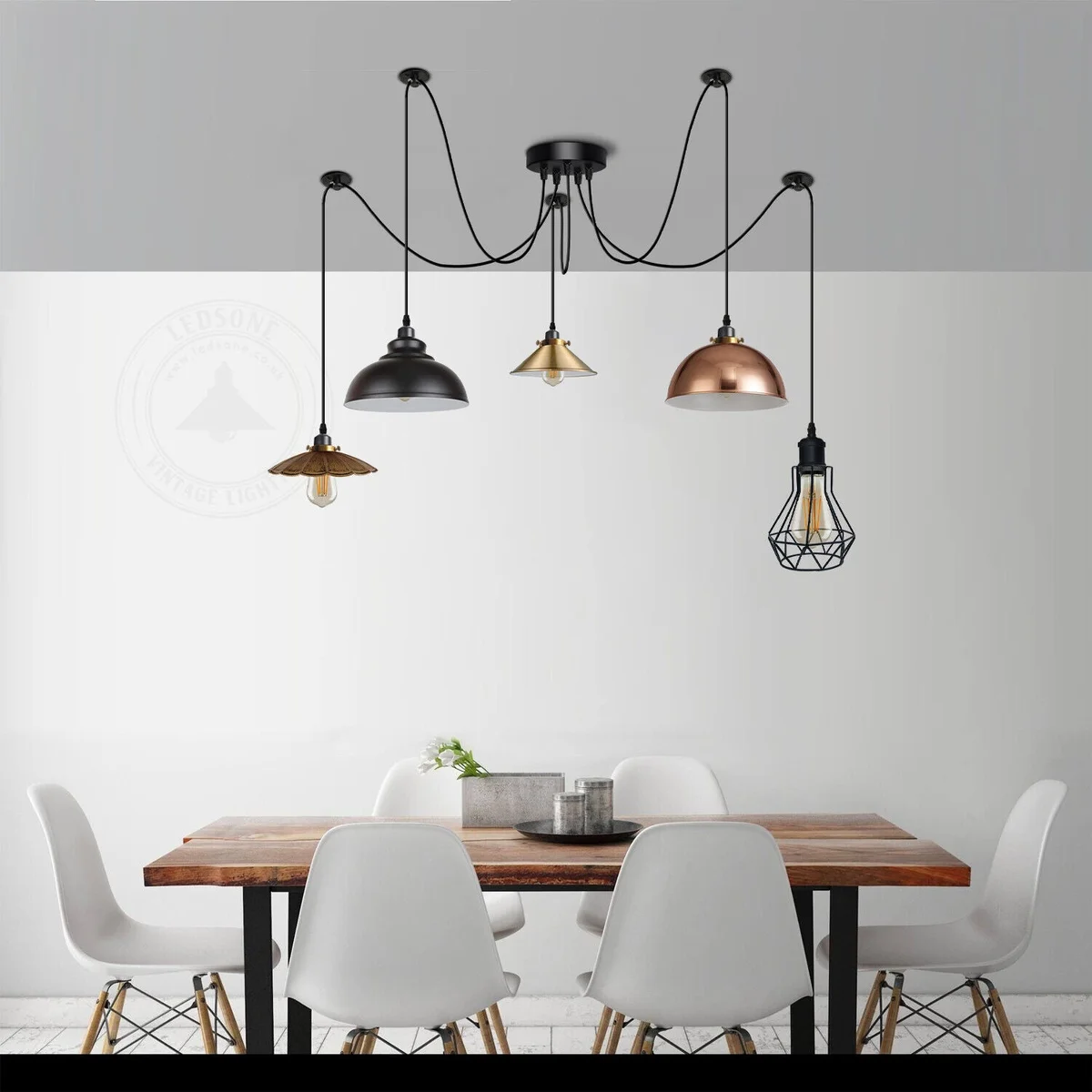 Five‑light industrial spider pendant with mismatched metal shades, central ceiling rose, 2‑m cables, E27 bulb fixture