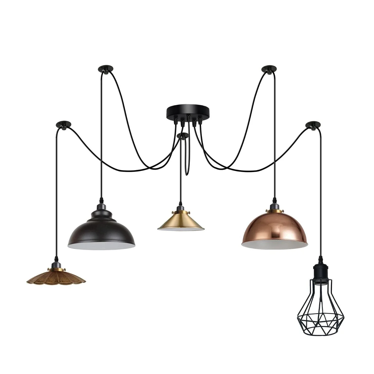 Five-light industrial pendant light with mismatched metal shades—curvy, dome, cone, umbrella, geometric cage, black finish.
