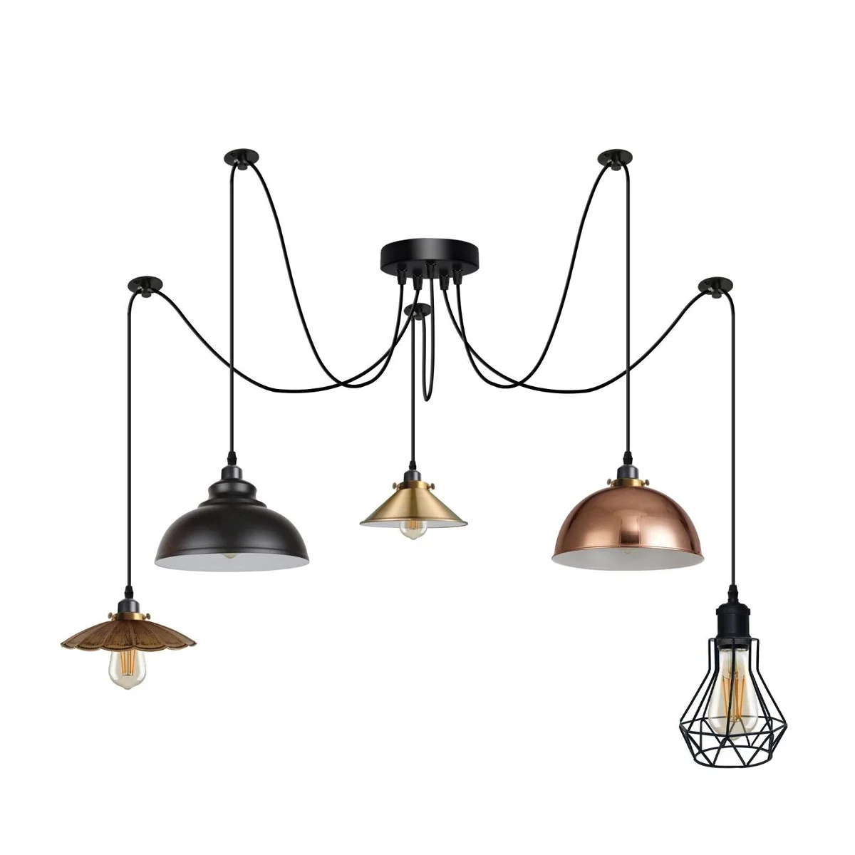Five‑light industrial pendant with mismatched shades—dome, cone, umbrella, geometric cage, curvy—black finish.