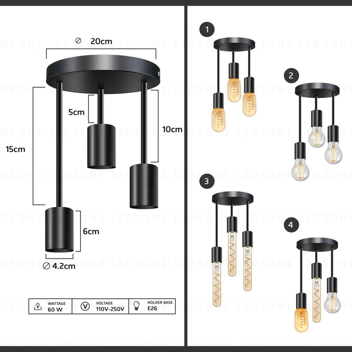 Black industrial ceiling light with round metal base, suspended fixture with three E27 sockets.