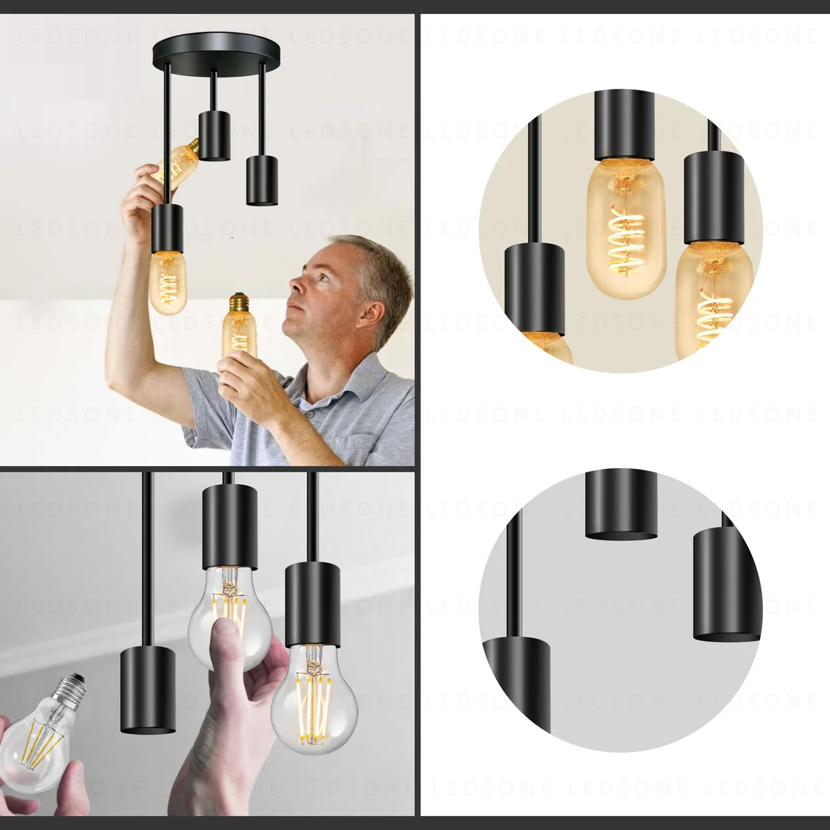 Black metal ceiling light hanging from a round metal base with a contemporary industrial design and 3 E27 sockets.
