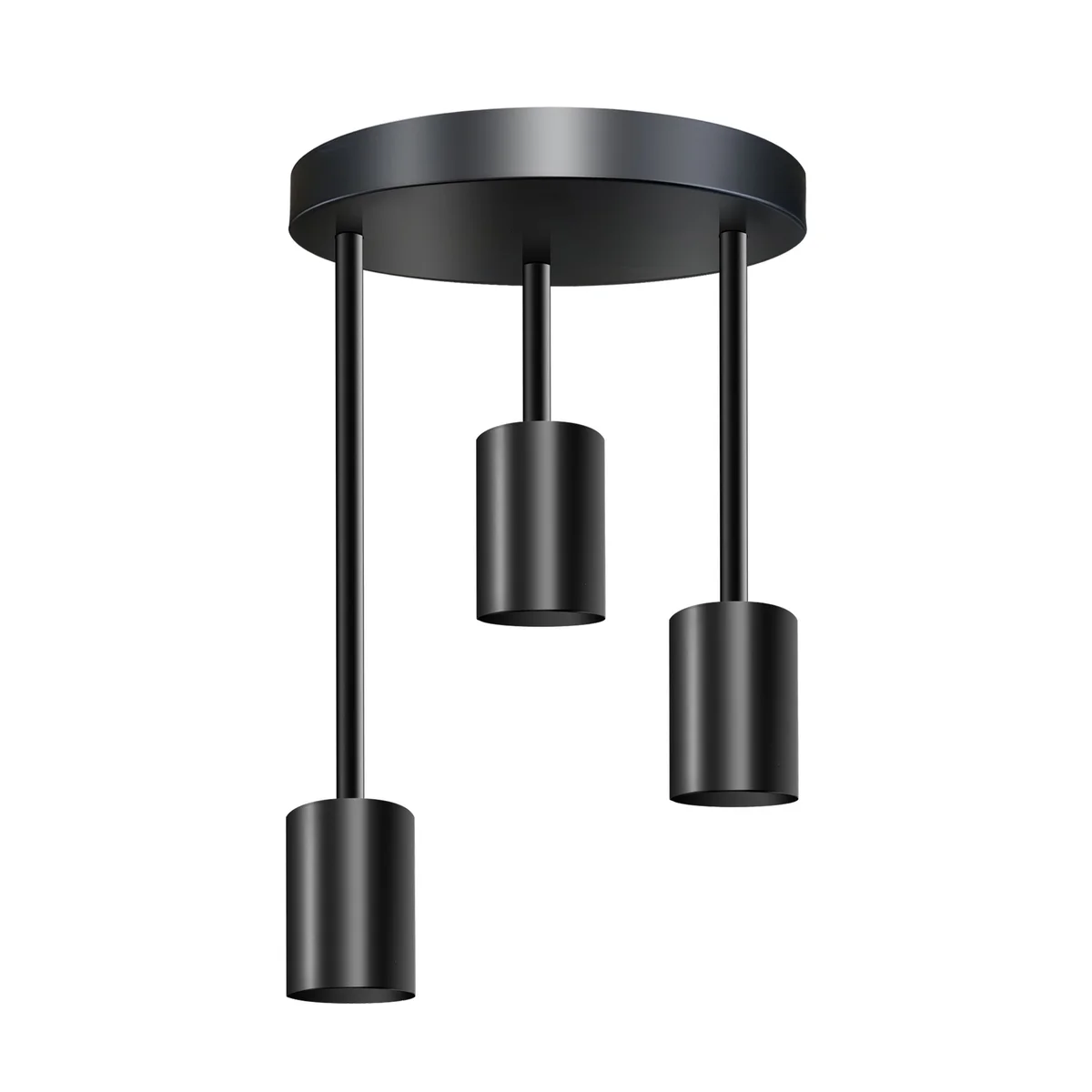 Modern industrial dimmable ceiling pendant light with round metal base and three E27 sockets, hanging from a metal drop.