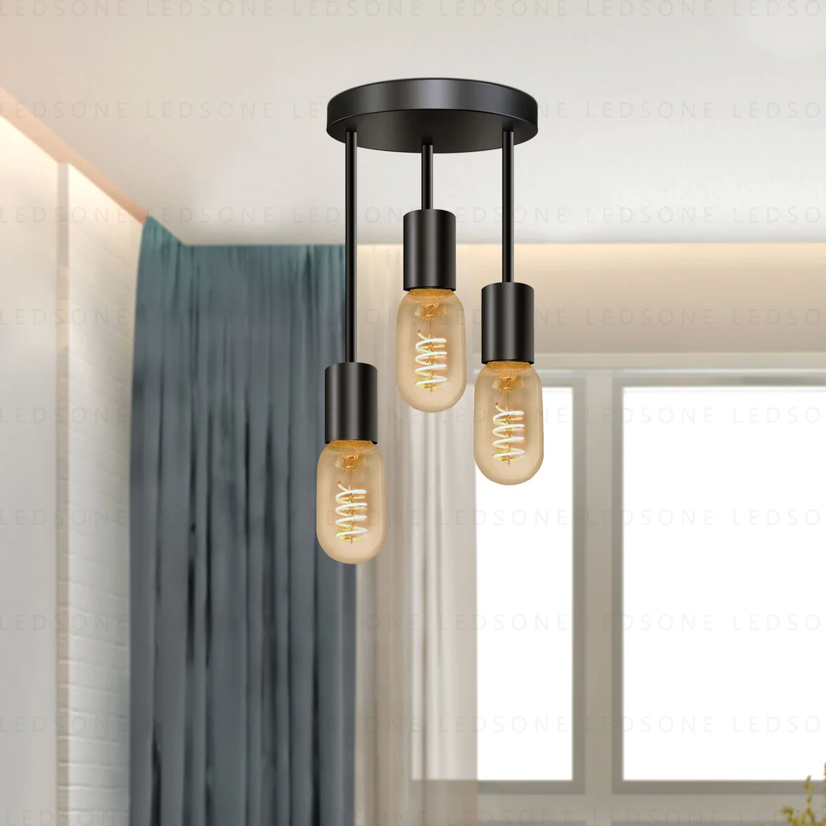 Modern ceiling pendant light with black metal industrial design, round base, suspended, 3‑way bulb support