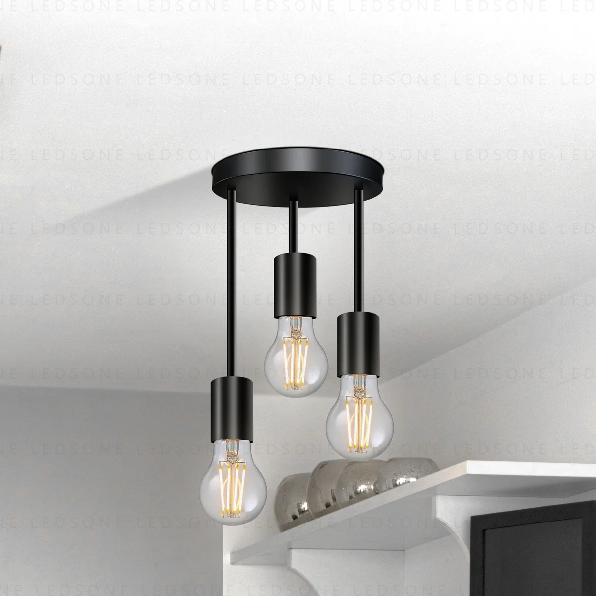 Black modern ceiling pendant light with round metal base and hanging rod, suitable for three E27 bulbs.