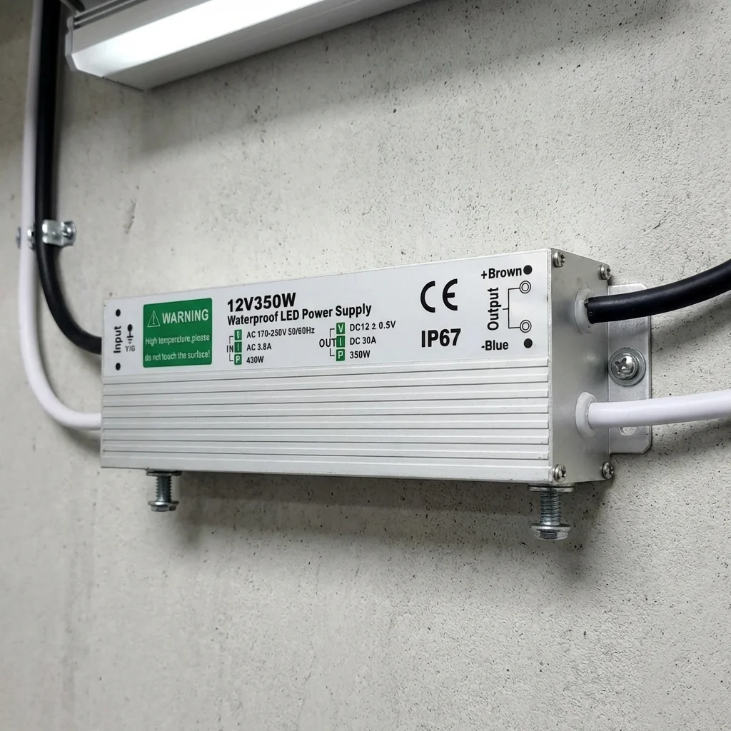Aluminum alloy waterproof LED driver 12V 350W, IP67 rating, sealed cables, compact rectangular transformer.