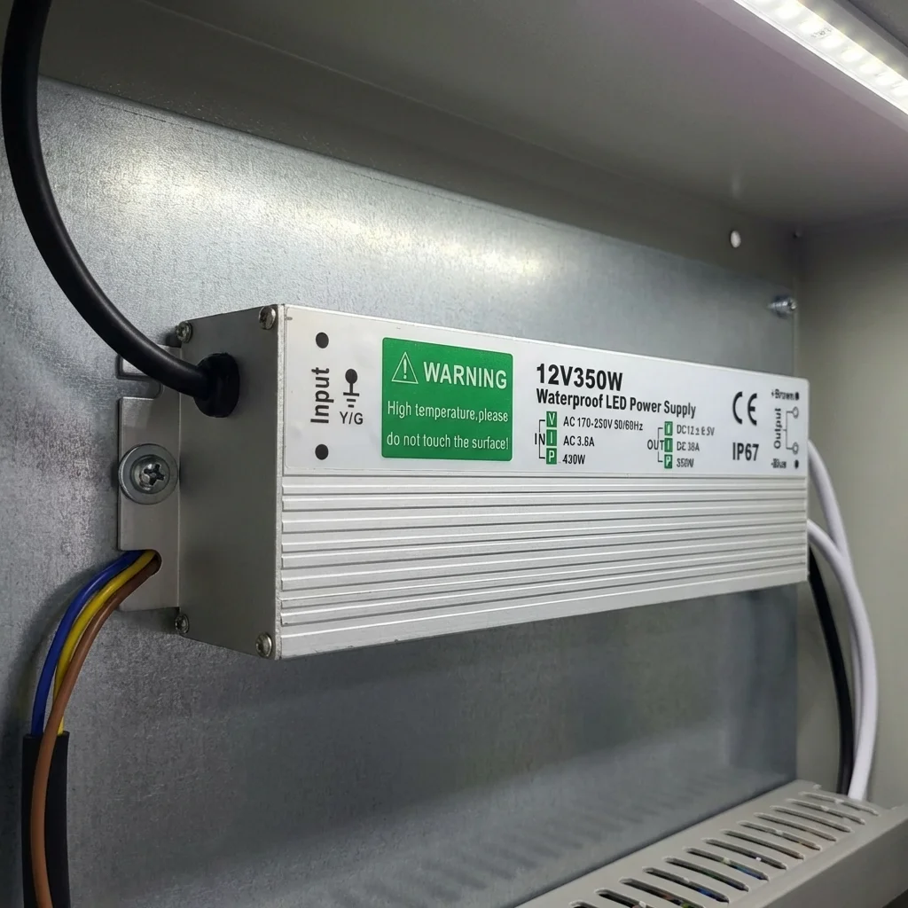 Enclosed LED power supply with aluminum alloy housing, rubber‑sealed cables, IP67 waterproof rating, 12V 350W transformer