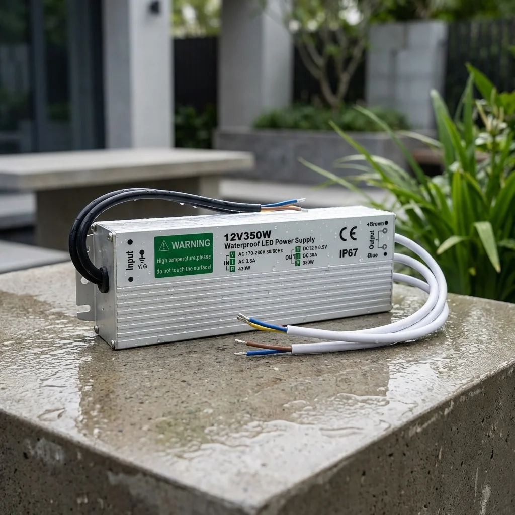 Aluminium rectangular case, 350W 12V LED driver for outdoor, IP67 waterproof, rubber‑sealed cables.